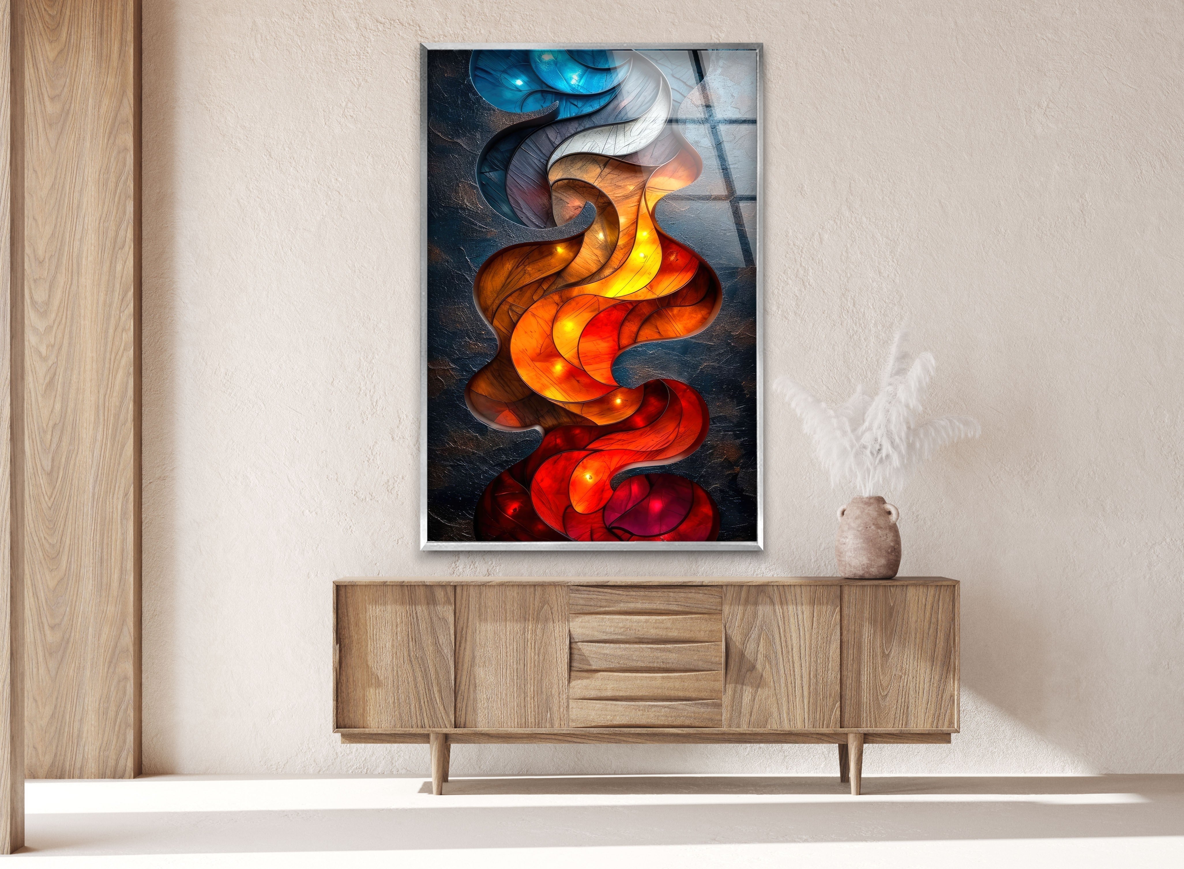 Blue & Red Design Glass Wall Art - Modern Handmade Decorative Panel for Living Room, Bedroom, or Office - Perfect for Home & Interior Decor