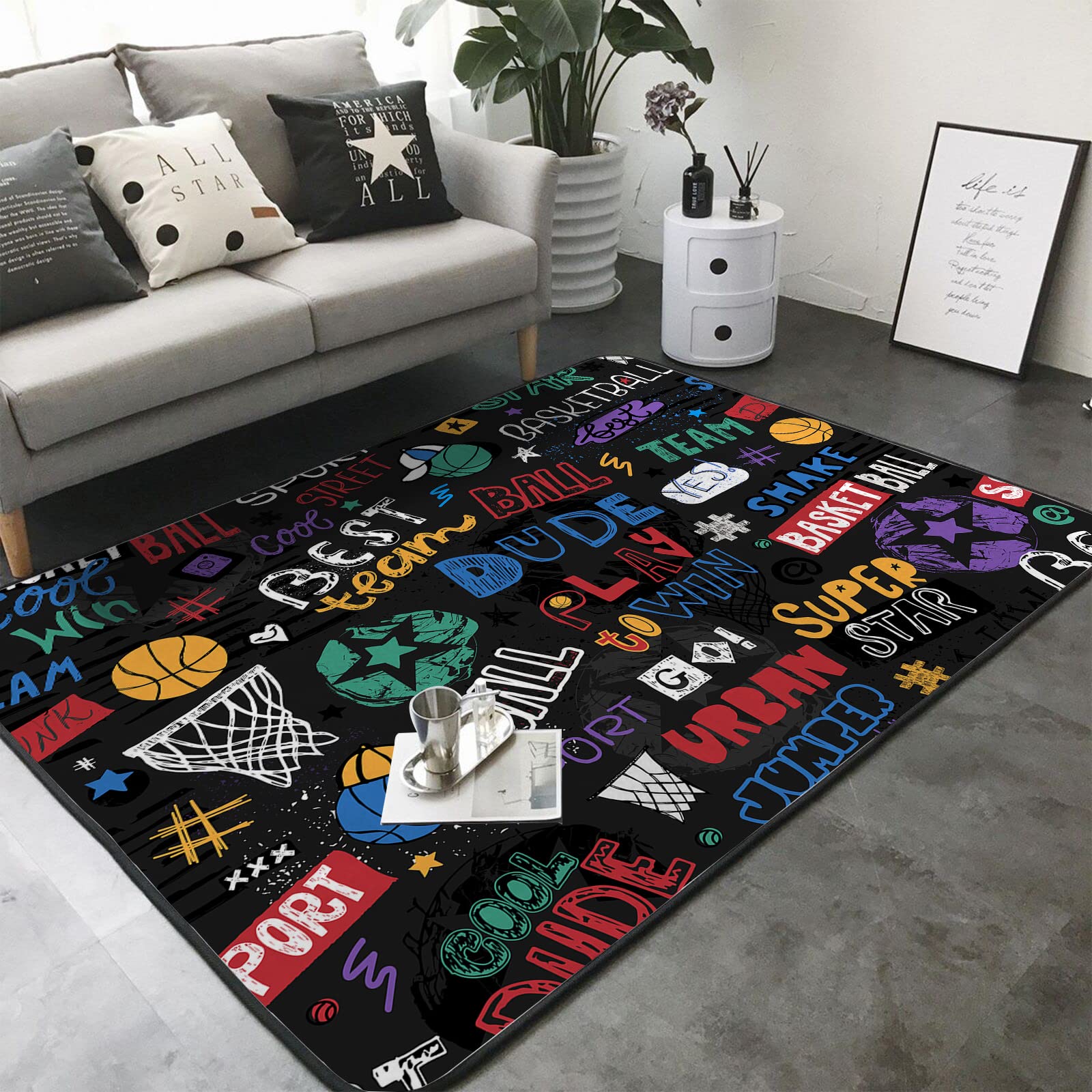 Non-Slip Washable Sponge Rug Pad - Super Soft Extra Thick Floor Mat for Kids Bedroom, Living Room, Bathroom & Dorm | Cartoon Basketball Design for Boys & Girls | Perfect for Playrooms, Game Rooms & Indoor Sports Areas
