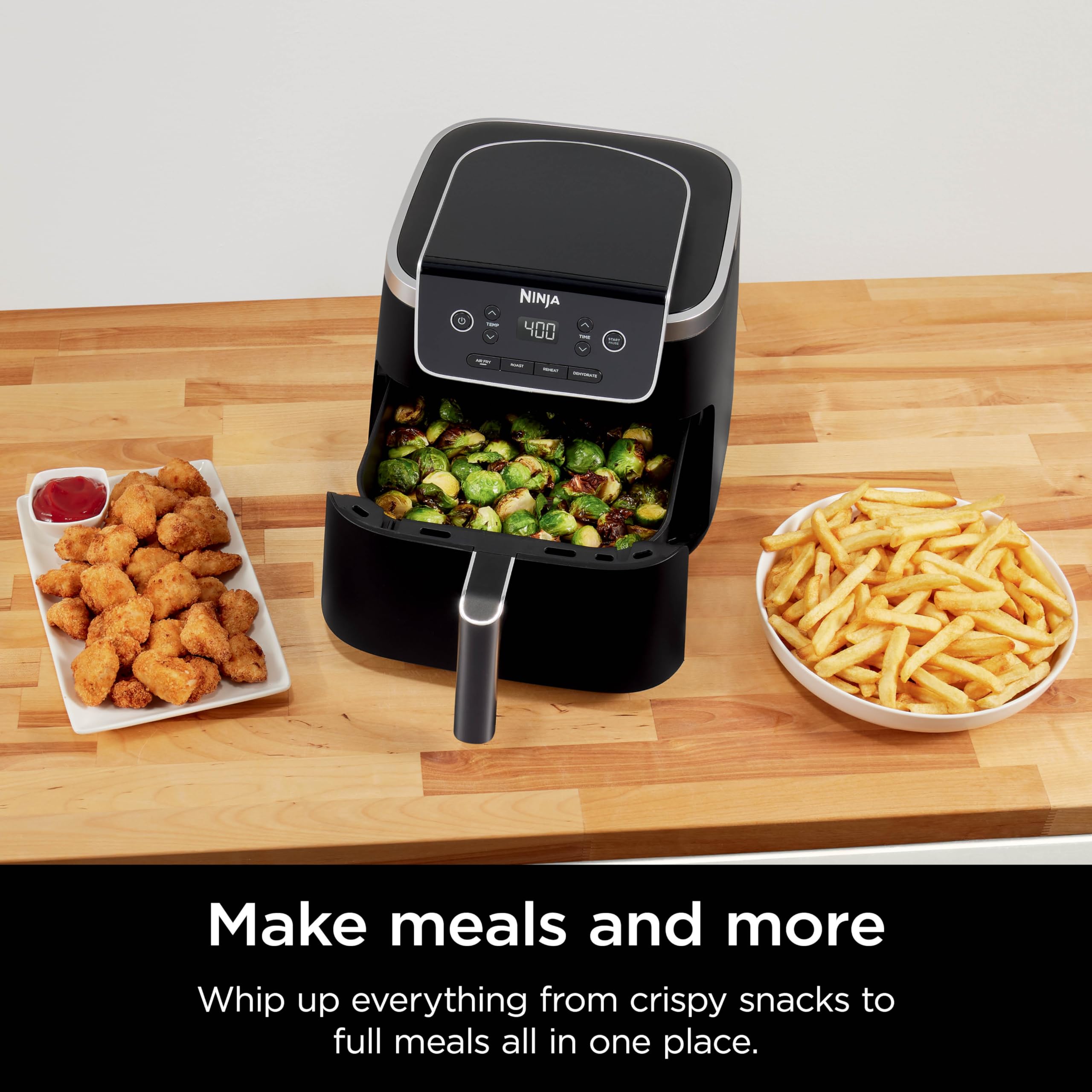 Ninja AF141 5 QT Air Fryer Pro 4-in-1 with Air Crisp Technology - Air Fry, Roast, Reheat & Dehydrate - 400°F Fast Cooking, Nonstick Basket & Crisper Plate - Perfect for Family Meals, Healthy Snacks & Quick Weeknight Dinners - Grey (Renewed)