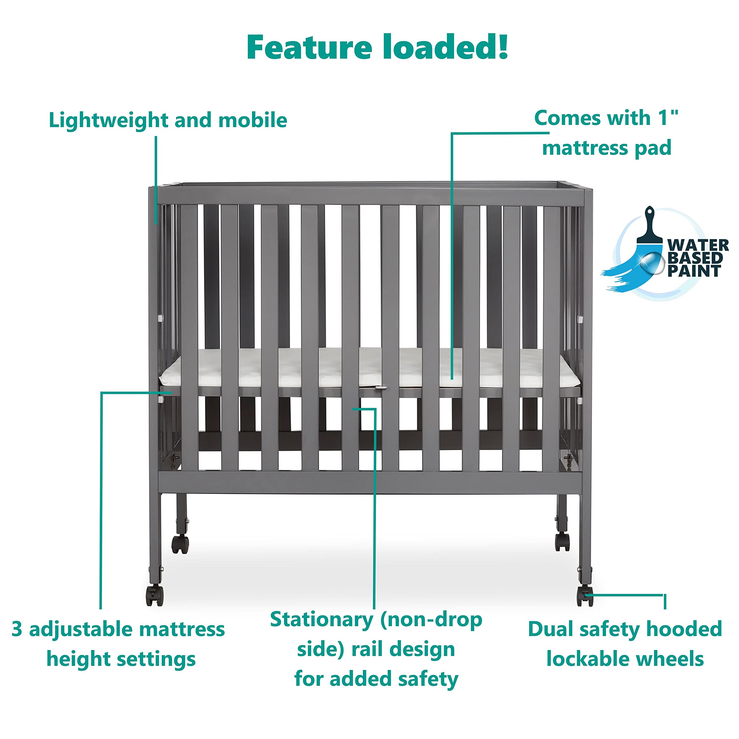 Dream On Me Jett Convertible Folding Crib - Lightweight Portable Travel Crib with 3 Adjustable Mattress Heights | Includes 1.5