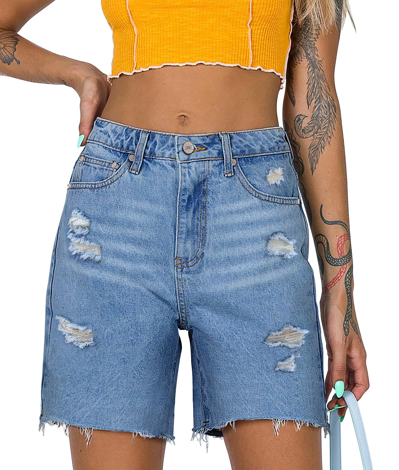 CHICZONE Women's Bermuda Jean Shorts - Stretchy Mid Waist Denim Shorts with Pockets | Comfortable Casual Summer Wear for Beach, Shopping & Outdoor Activities