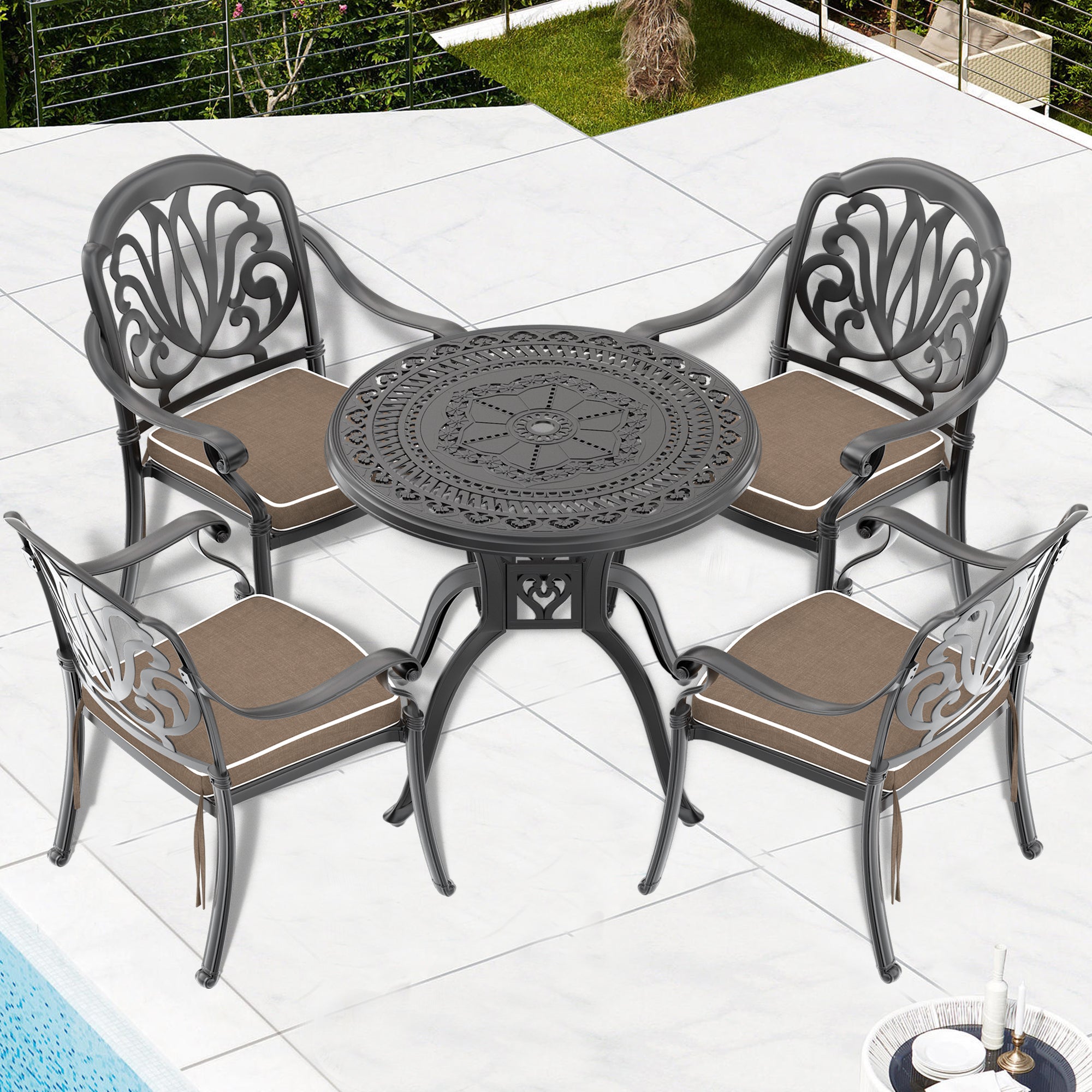 5-Piece Cast Aluminum Patio Furniture Set with Cushions - Outdoor Dining & Lounge Chairs for Garden, Poolside, and Backyard Relaxation