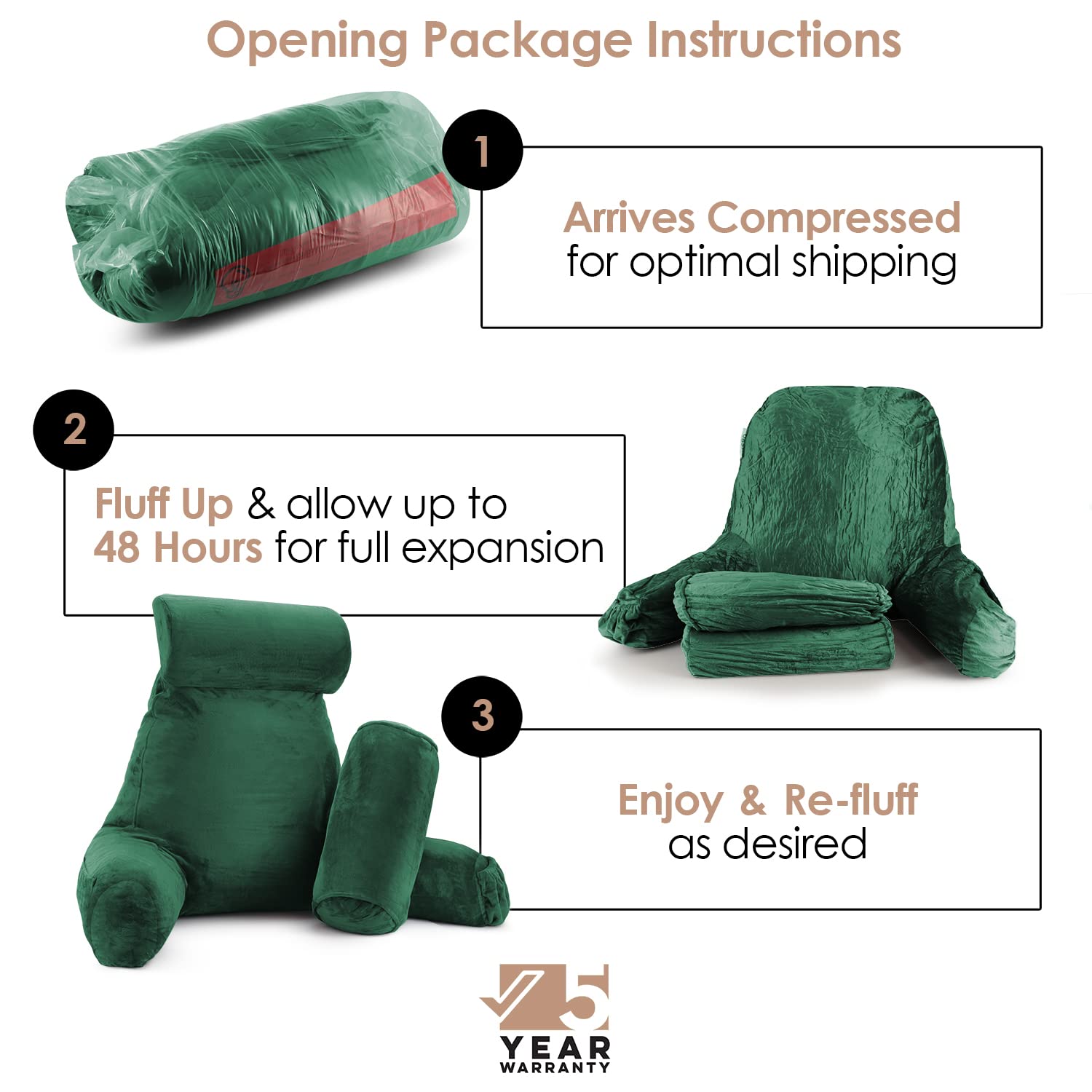 Nestl Reading Pillow Large Bed Pillow - Shredded Memory Foam Back Support for Sitting in Bed, Reading & Relaxing - Dark Green Chair Pillow with Pockets for Armrest & Storage | Perfect for Bedroom, Living Room & Home Office Comfort