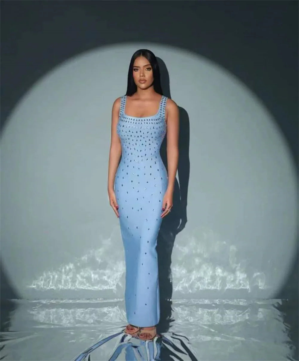 Black & Sky Blue Women's Sleeveless Sexy O-Neck Crystal Bodycon Bandage Long Dress - Perfect for Nightclub Parties, Evening Events & Special Occasions