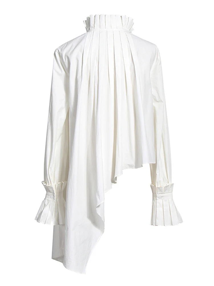 Asymmetrical Hem Pullover Shirt for Women - Stand Collar Flare Sleeve Loose Blouse | Casual Fashion Top for Work, Date Night & Everyday Wear