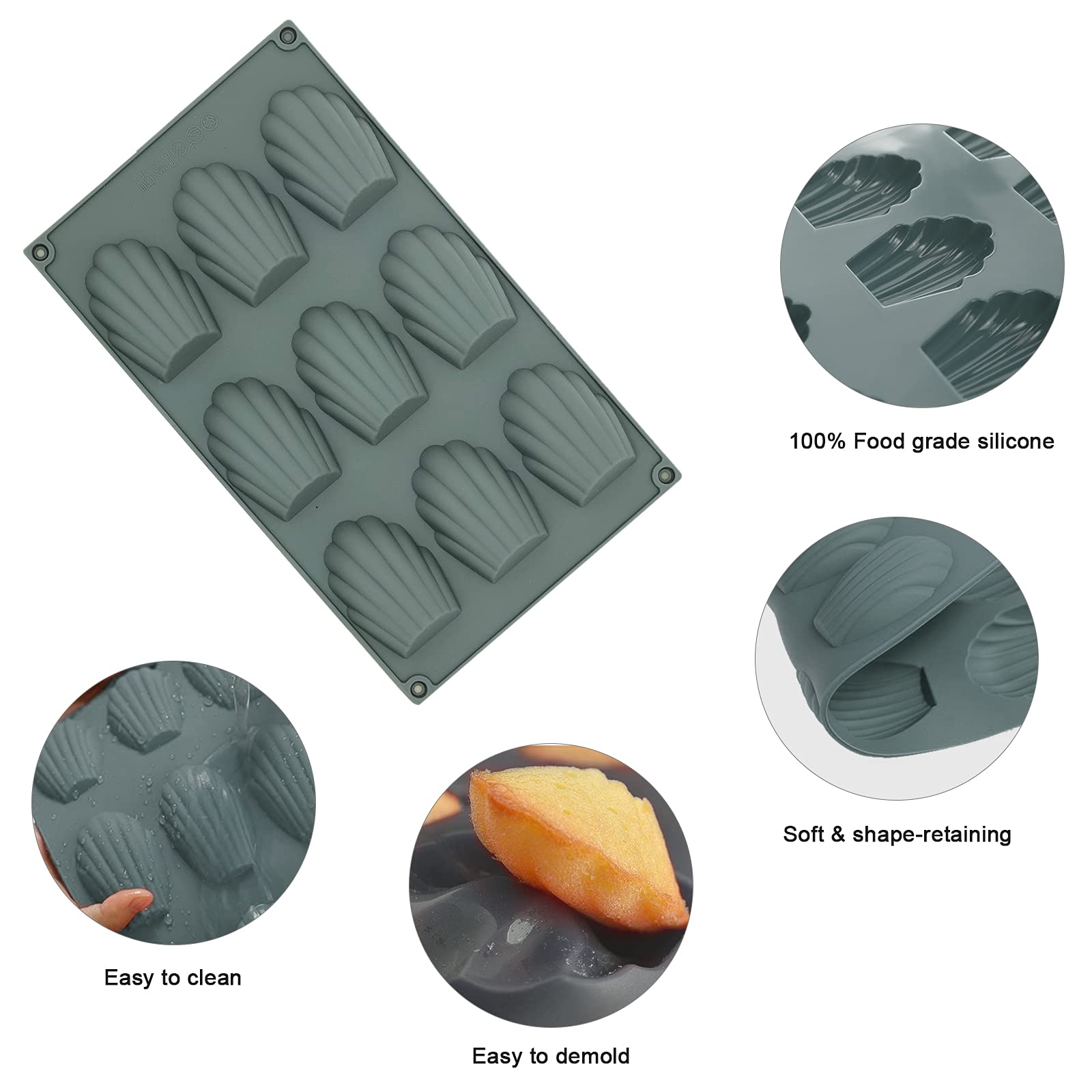 Meajore Madeleine Pan Set of 2 - 9 Cavity Nonstick Silicone Baking Mold for Perfect Madeleine Cookies | Grey | Ideal for Home Baking, Tea Parties & Holiday Treats