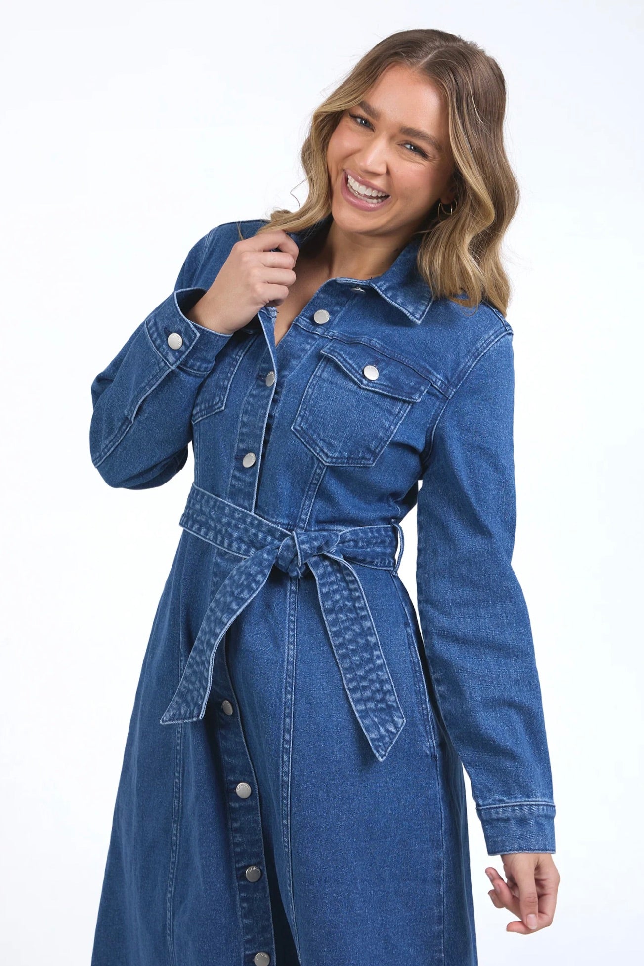 Genevieve Mid Blue Long Sleeve Denim Midi Dress for Women | Casual & Office Wear | Perfect for Spring & Fall Outfits