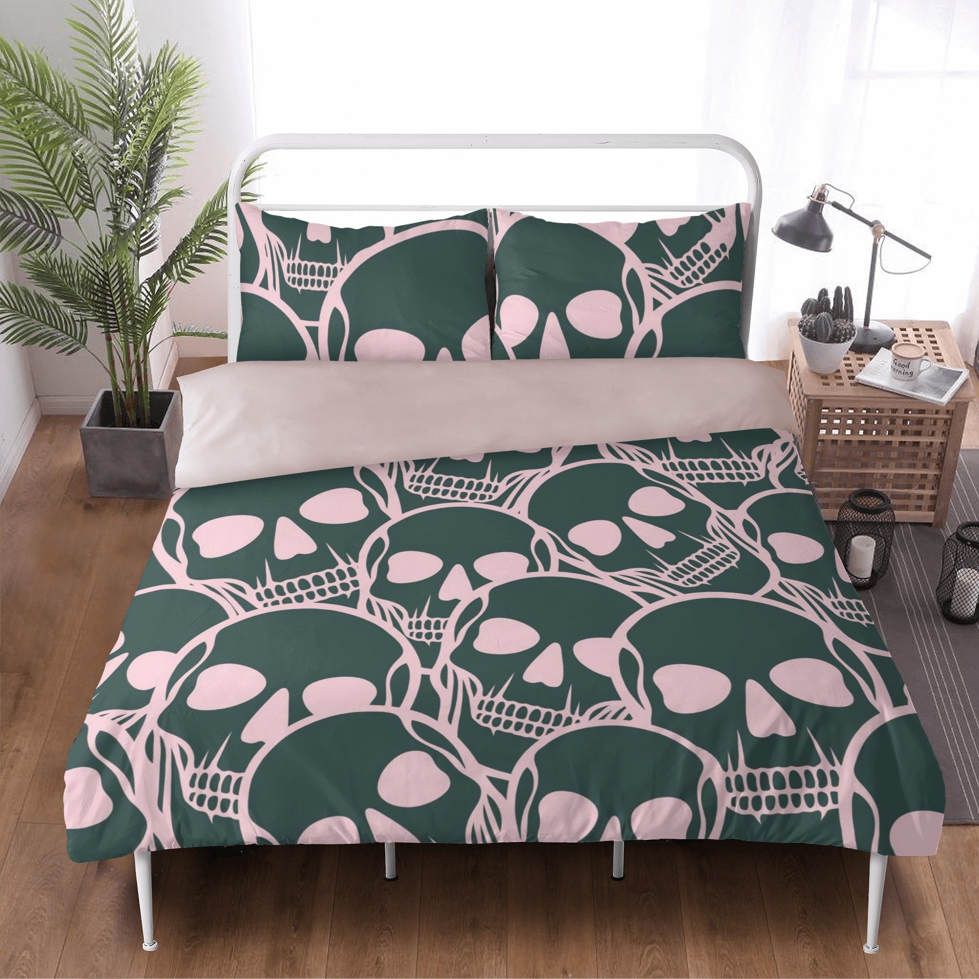 Stylish Pink and Black Skull Head 3-Piece Bedding Set - Soft Comforter, Pillowcases & Sheet for Gothic, Punk or Teen Room Decor