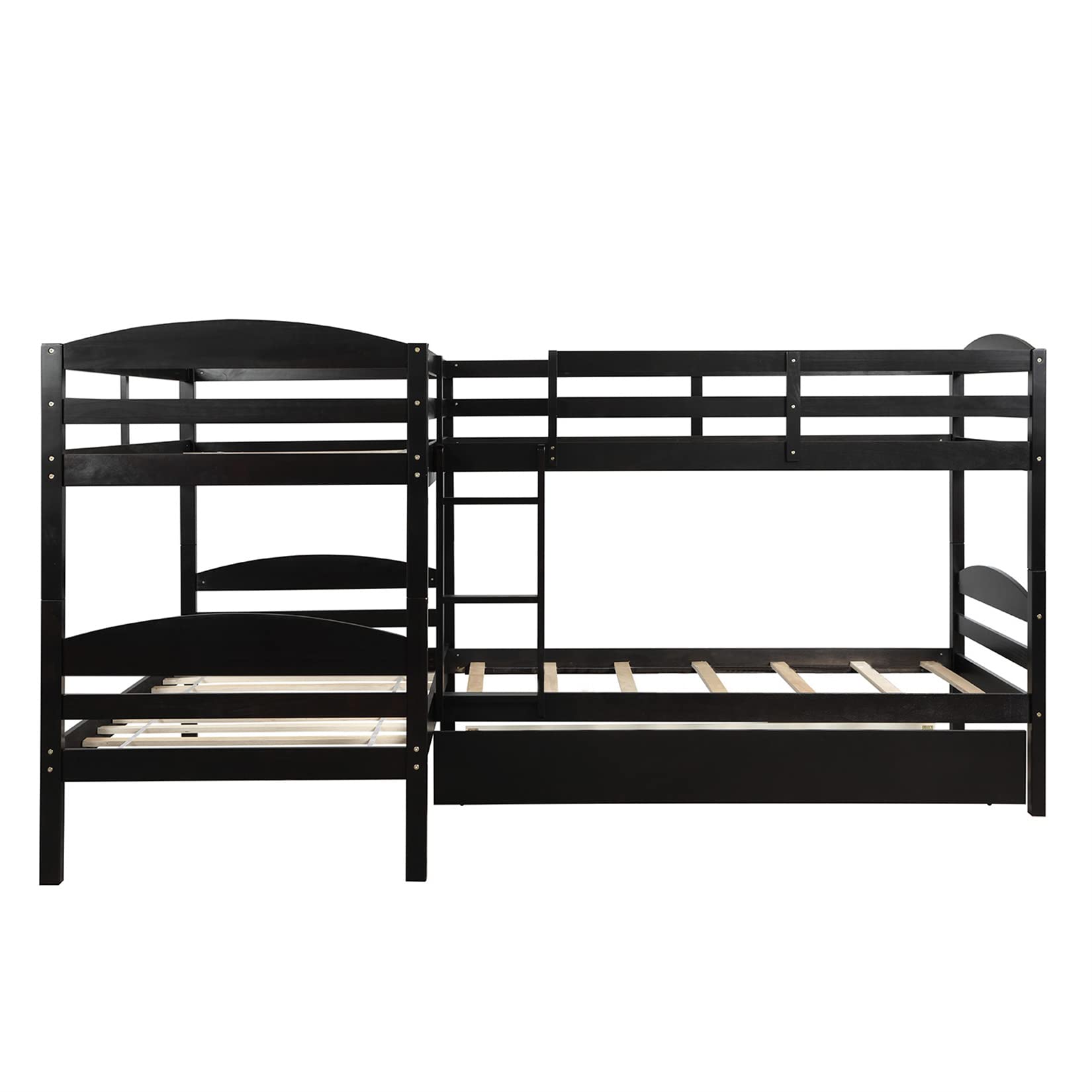 Bellemave L-Shaped Quad Bunk Bed with Trundle - Twin Over Twin Corner Bunk Bed for 4-5 Kids, Boys, Girls & Teens - Espresso Finish - Ideal for Small Bedrooms, Shared Kids Rooms & Vacation Homes