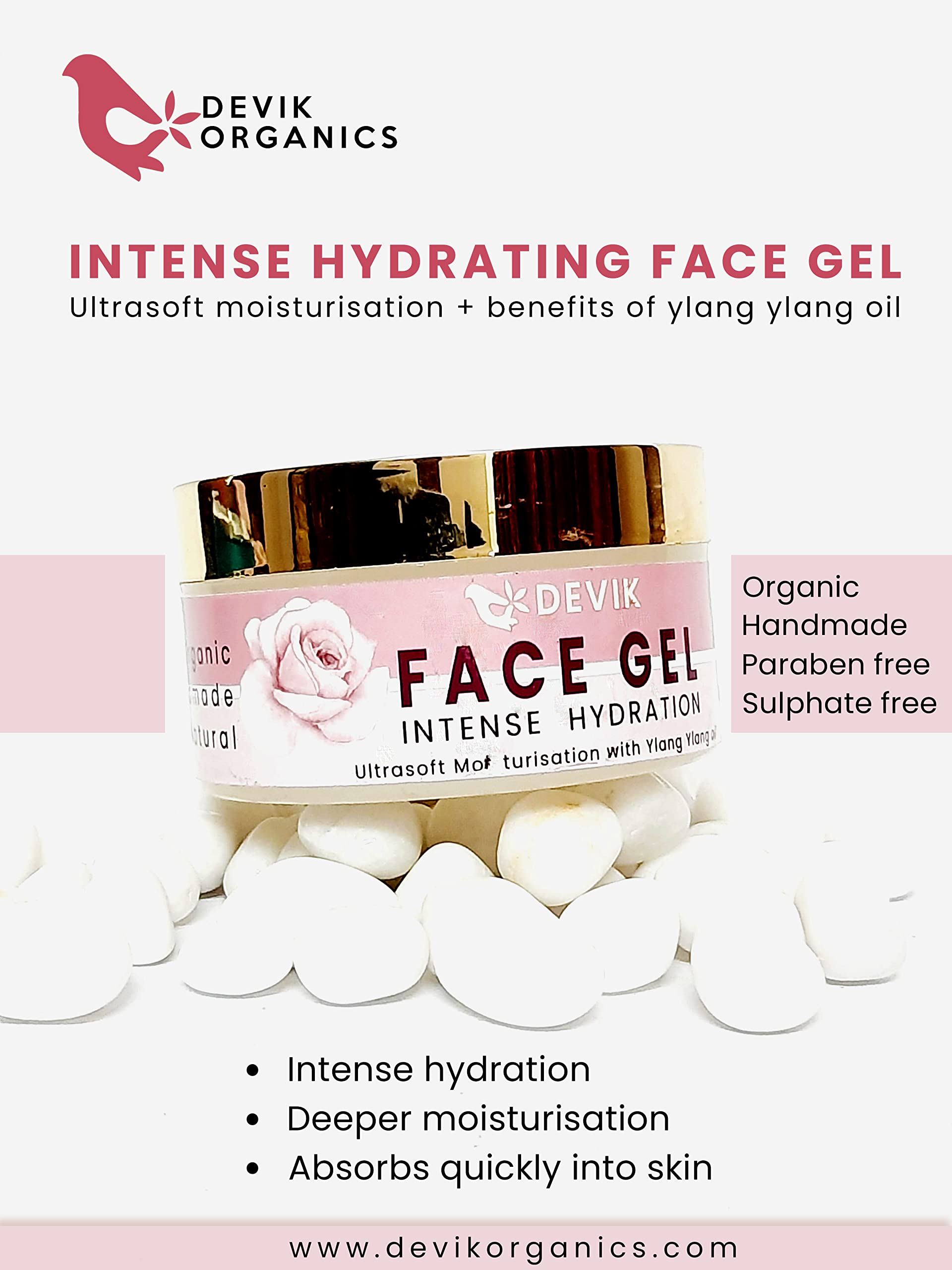 Devik Intense Hydrating Face Gel - Deep Moisturizing Organic Skincare for Dry Skin | 100G Paraben-Free & Chemical-Free Natural Face Moisturizer | Perfect for Night Routine & Daily Hydration Care