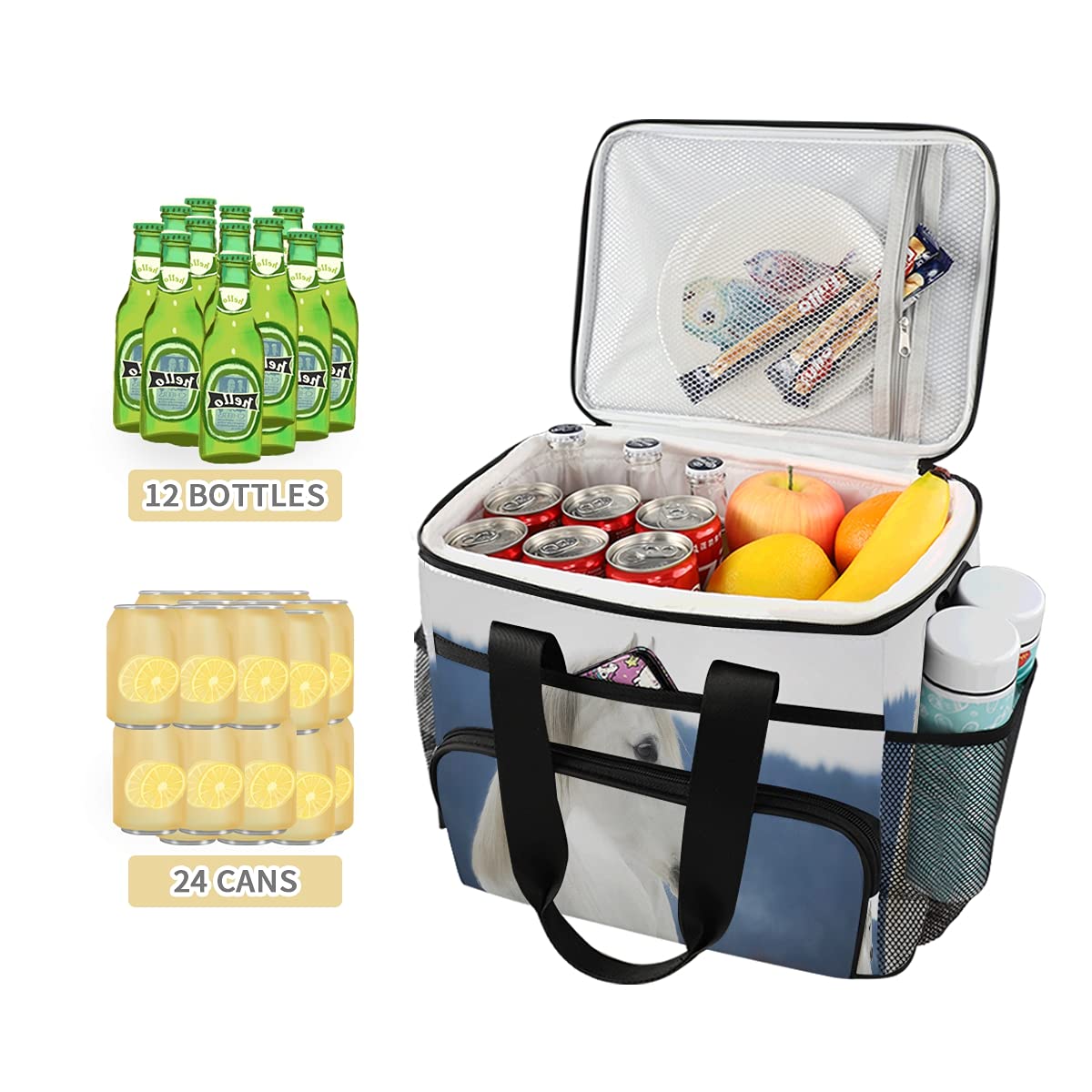 Large Insulated Cooler Bag for Camping, Picnic, Beach & Travel - Waterproof, Leakproof & Reusable Lunch Tote with White Horse Design | Perfect for Outdoor Adventures, Work Lunches & Family Outings