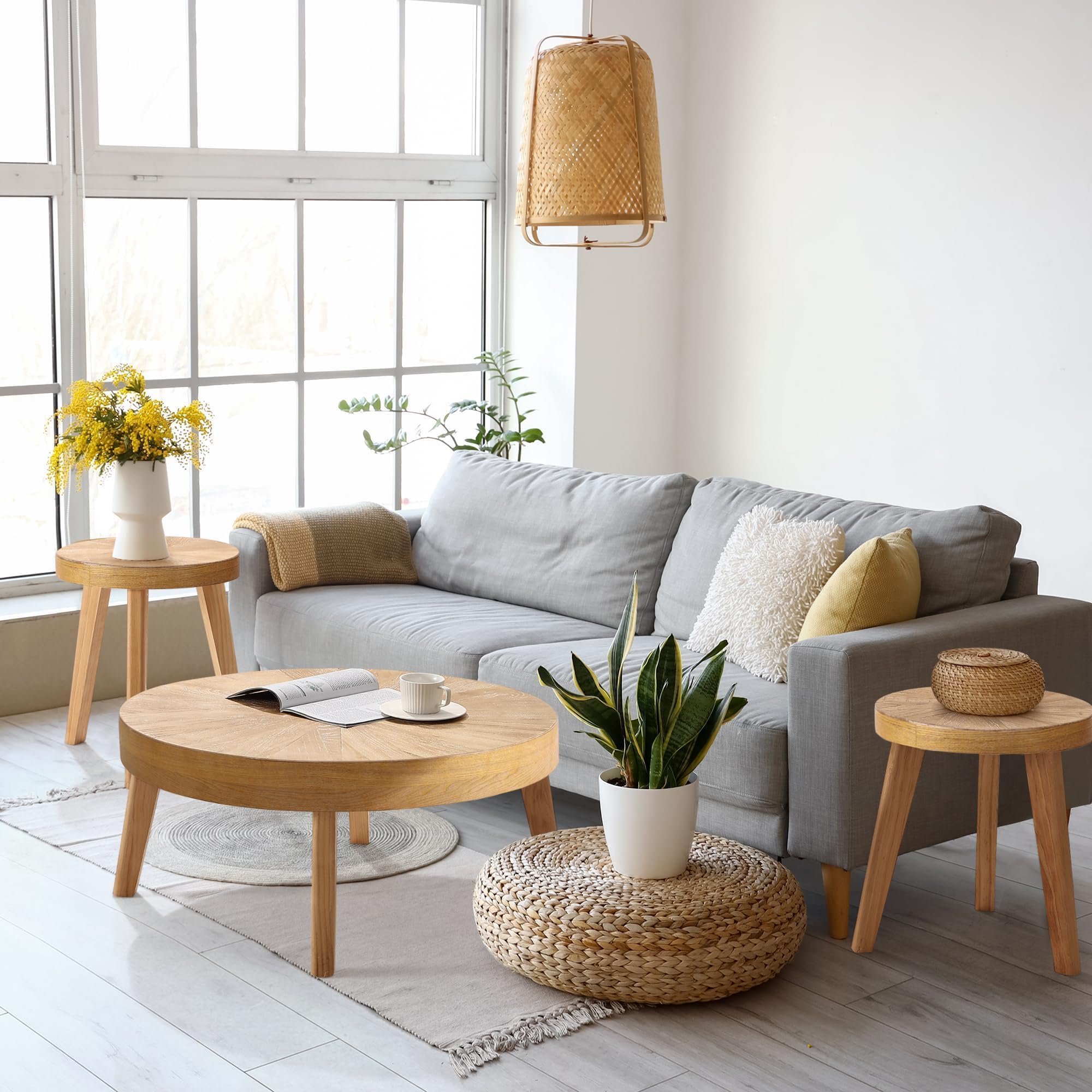 Rustic Round Coffee Table Set of 3 - Boho Chic Nesting Side Tables with Natural Wood Finish for Living Room, Bedroom & Home Office - Perfect for Small Spaces, Coffee Time & Home Decor