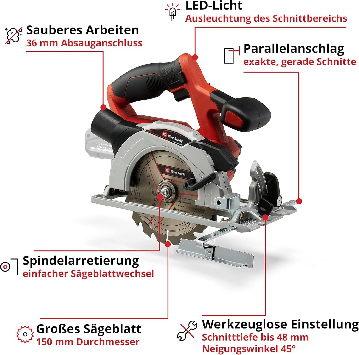 Einhell TE-CS 18/150 Li-Solo Power X-Change Cordless Circular Saw - 18V Lithium-Ion Battery (Not Included), 150mm Blade, Tool-Free Depth & Bevel Adjustment, LED Light - Perfect for Woodworking, DIY Projects & Construction Sites