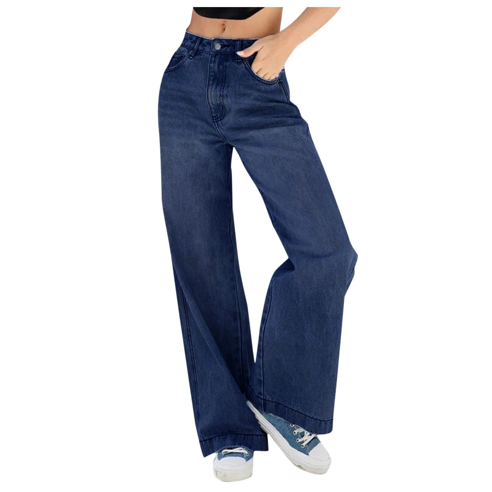 Women's High Waist Wide Leg Jeans - Stretch Denim Pants with Zipper Fly & Side Pockets - Plus Size Casual Trousers for Work, Travel & Everyday Wear