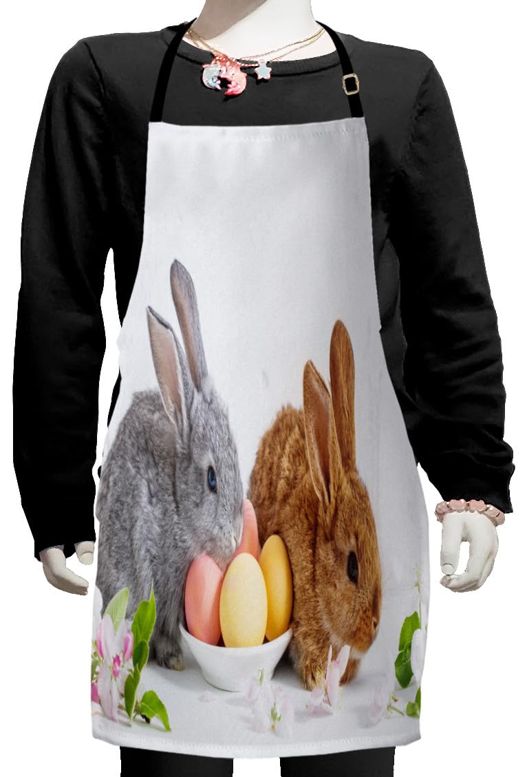 Ambesonne Easter Bunny Apron - Adjustable Small Kitchen Apron with 2 Rabbit Design for Baking, Painting, Cooking - Spring Floral Egg Pattern - Perfect for Easter, Mother's Day & Holiday Celebrations