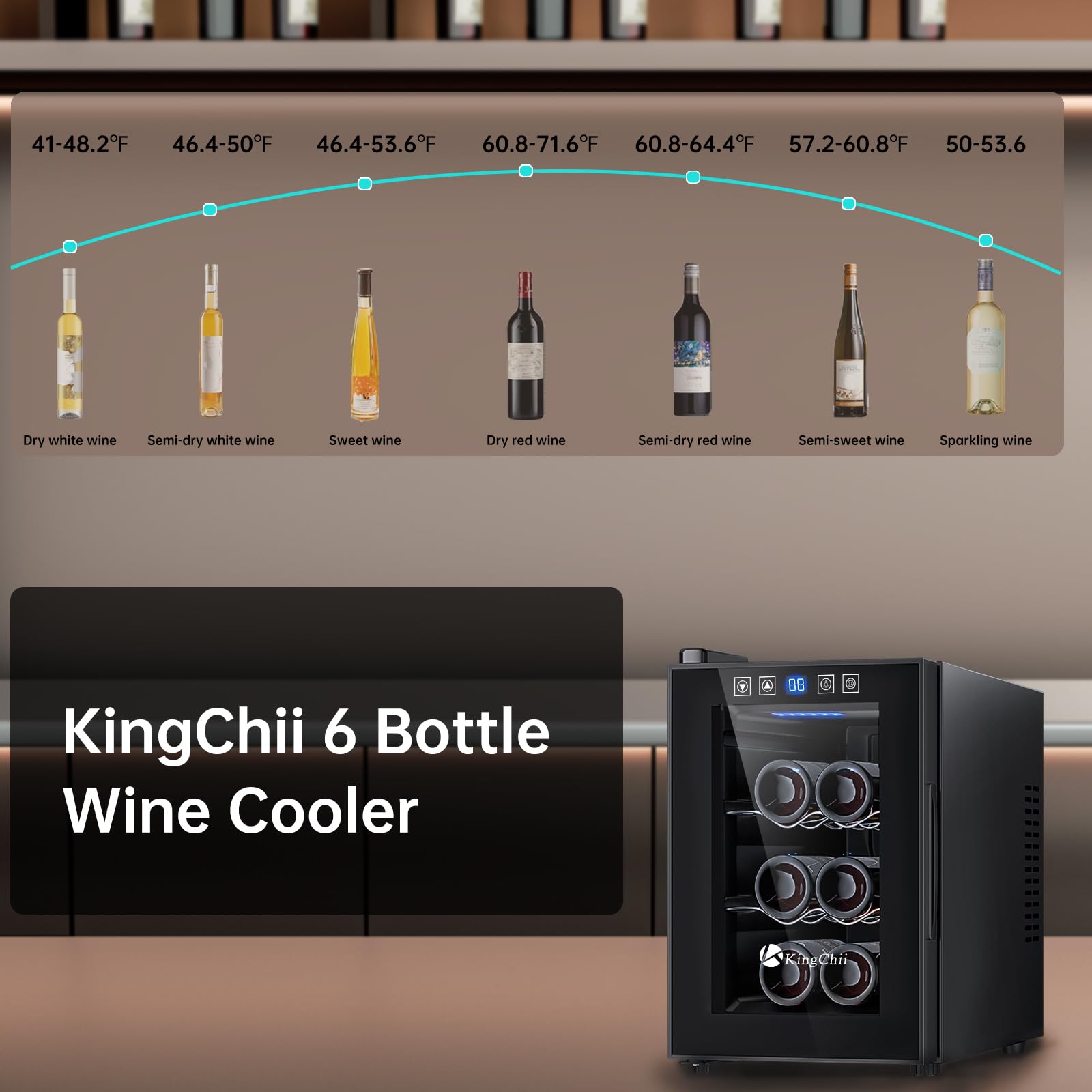 KingChii 6 Bottle Thermoelectric Wine Cooler Refrigerator - Advanced Cooling Technology, Stainless Steel & Tempered Glass Design - Perfect for Red Wine and Champagne Storage in Home, Kitchen, Office or Bar