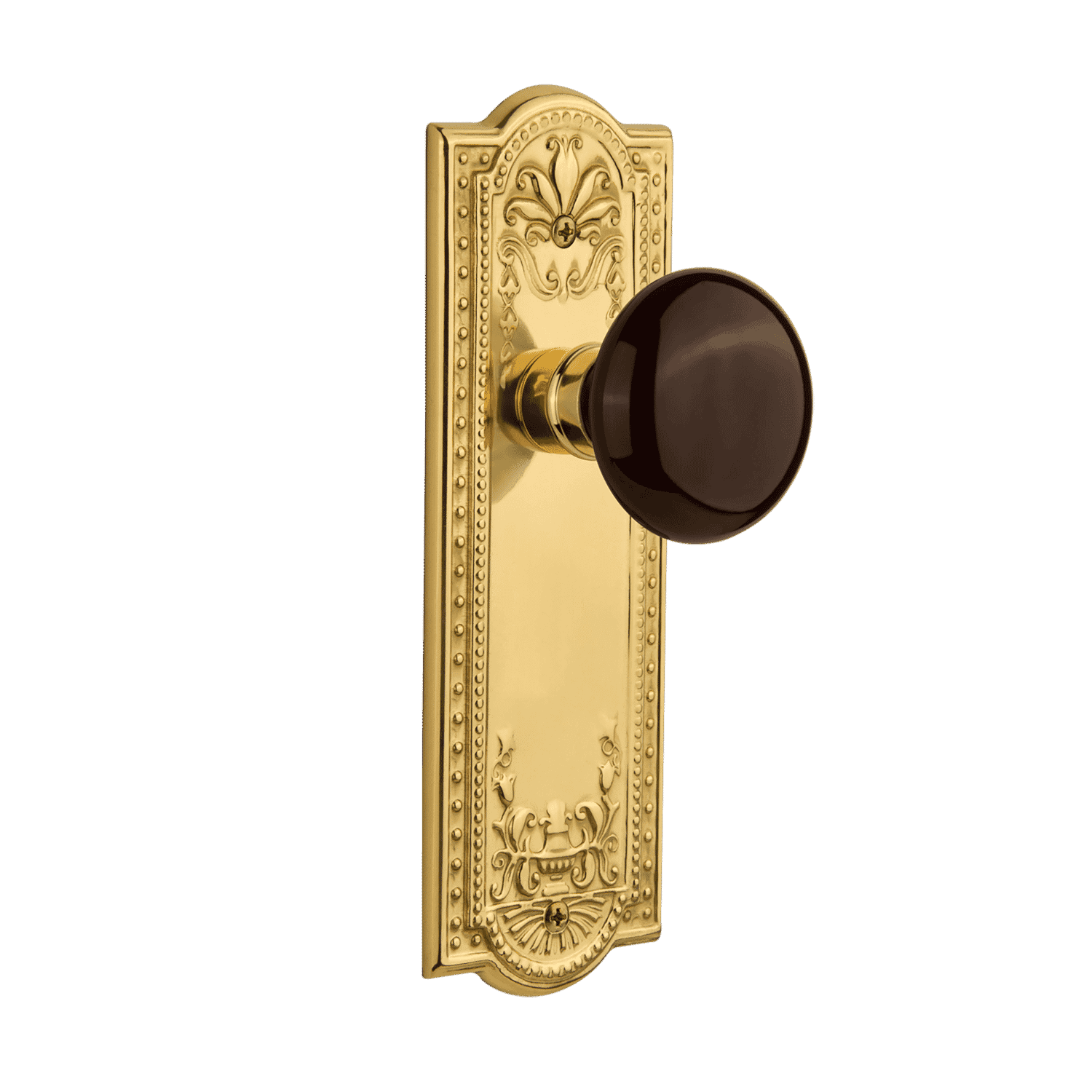 Vintage Brown Porcelain Knob Long Plate in Polished Brass - Elegant Cabinet & Drawer Pull for Kitchen, Bathroom & Furniture Hardware Upgrade