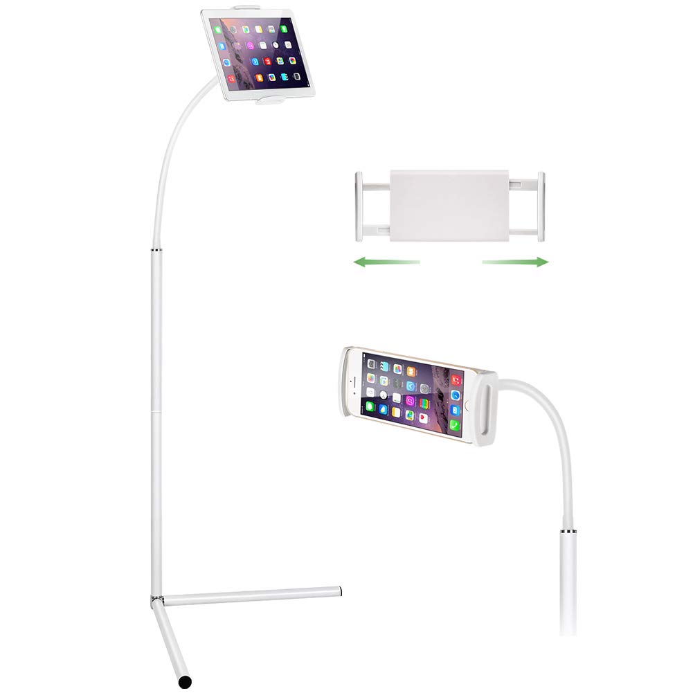 Mindsky Adjustable Floor Stand for iPad & Tablets 7-13 inch - Flexible Gooseneck Phone Holder for iPad Pro/Mini/Air, Samsung Galaxy Tab, Kindle - Perfect for Home Office, Bedroom & Kitchen Use - White