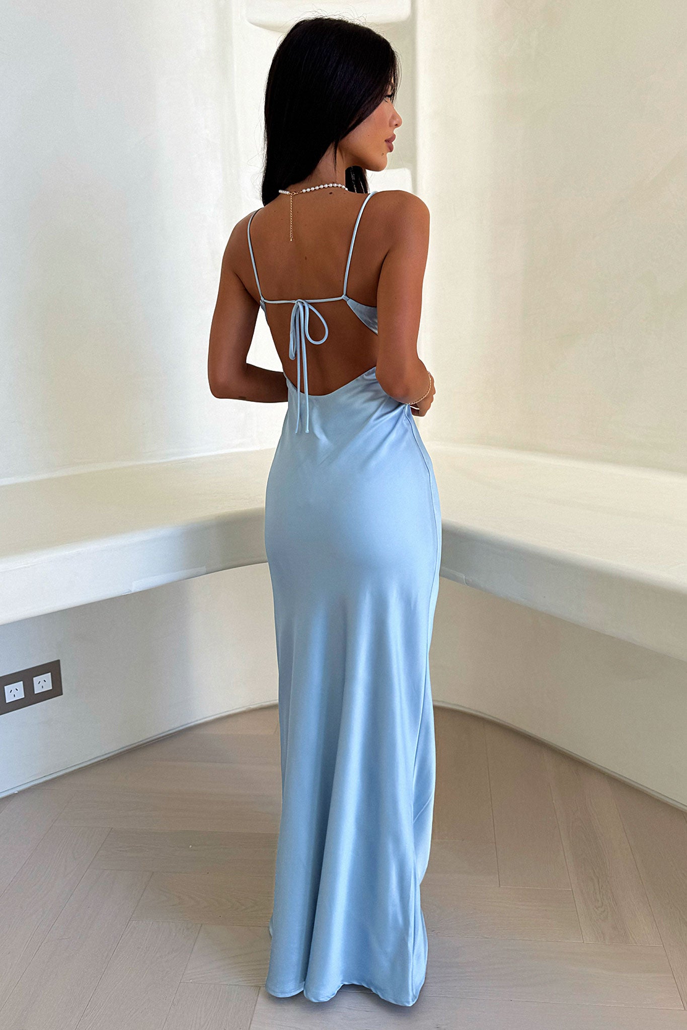 Gilbert V Neck Satin Maxi Dress in Blue | Elegant Evening Gown for Women | Perfect for Weddings, Parties & Special Occasions