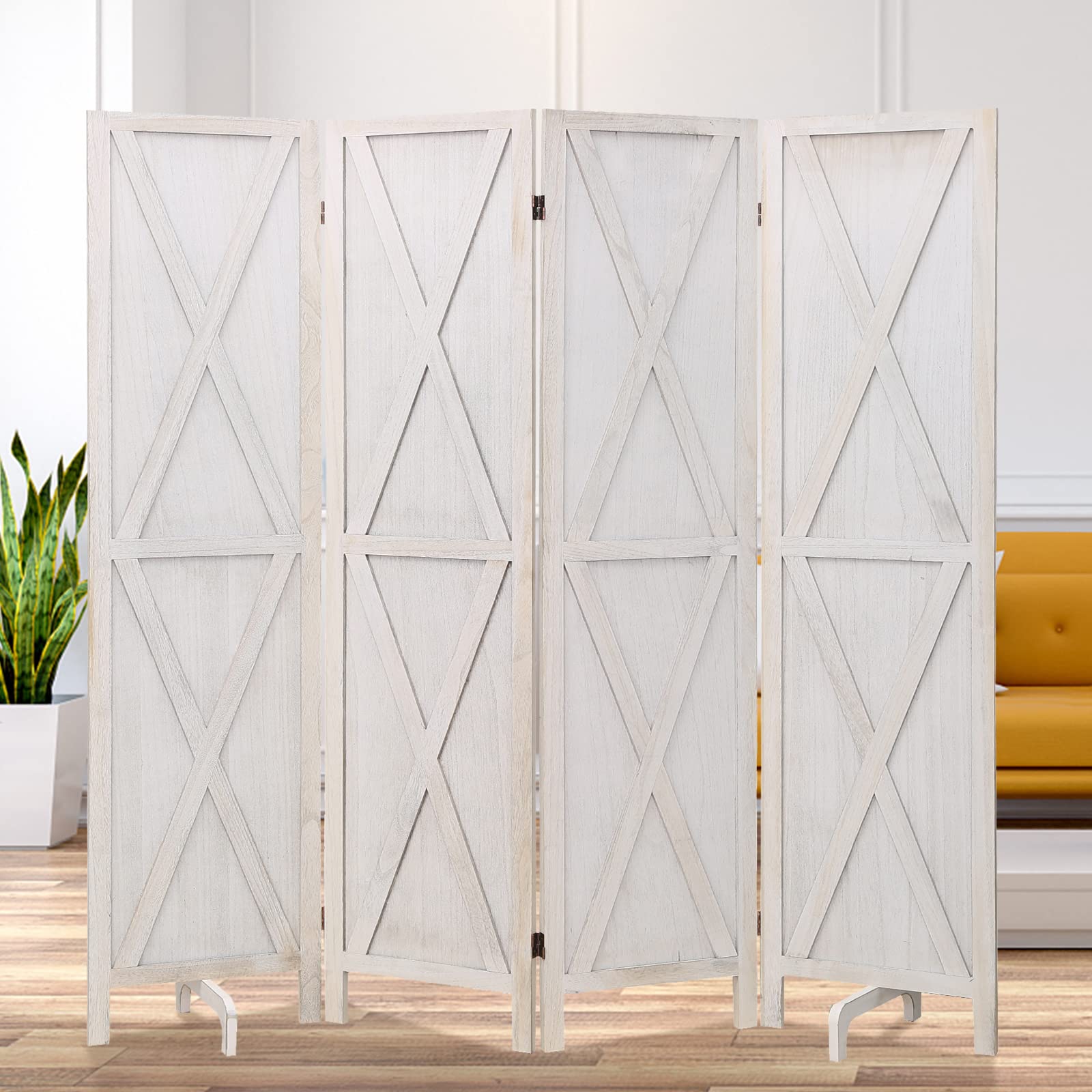 Babion 4 Panel Wooden Room Divider - 5.8ft Tall Folding Privacy Screen & Freestanding Partition Wall - White Room Separator for Home Office, Bedroom, and Living Room Privacy