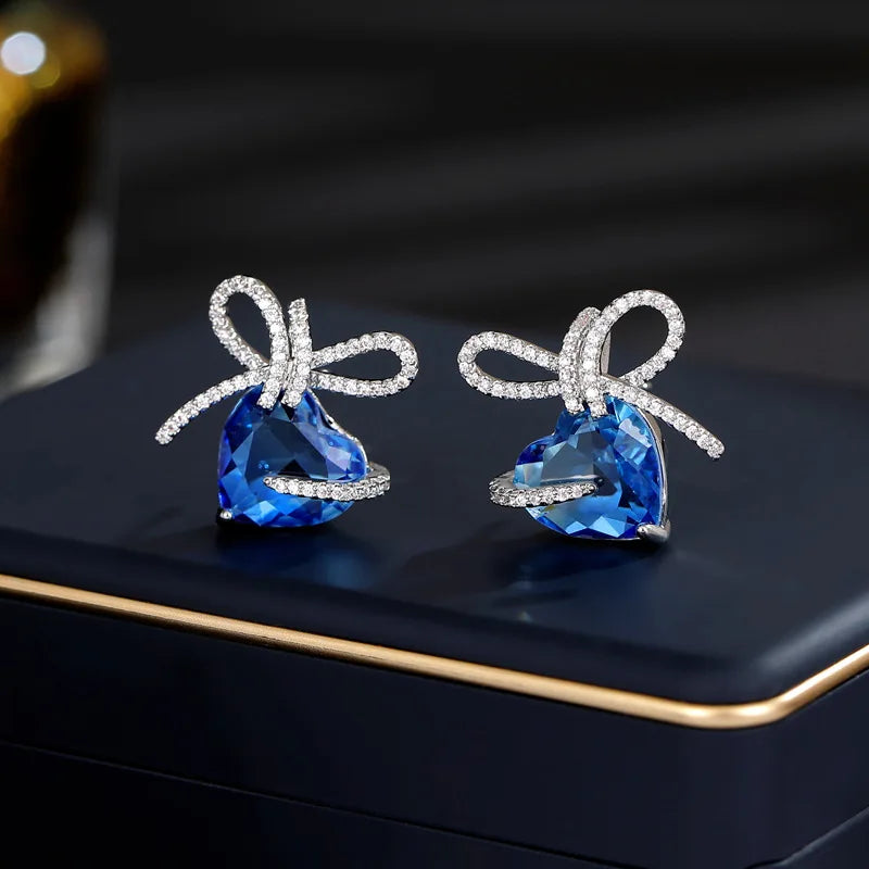 Sweet French Stud Earrings with Bow Knot Ribbon - Gradient Zircon Heart Shaped Earrings for Women - Elegant Jewelry Accessories for Date Night, Wedding & Special Occasions - LYX275