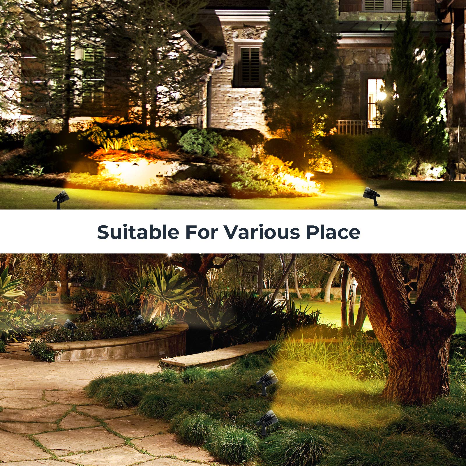 5W 3000K Warm White LED Landscape Spot Lights - Waterproof Outdoor Garden Lighting with Spiked Stand for Yard, Lawn, House Decoration | Perfect for Pathway, Tree Uplighting & Architectural Accents | US 3-Prong Plug (1 Light)