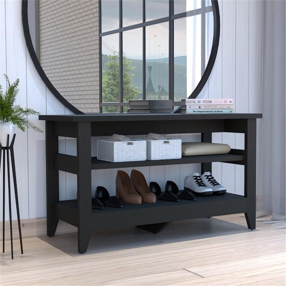 TUHOME Misuri Storage Bench - Black Engineered Wood Entryway Bench with Seat & Storage for Living Room, Bedroom, or Hallway