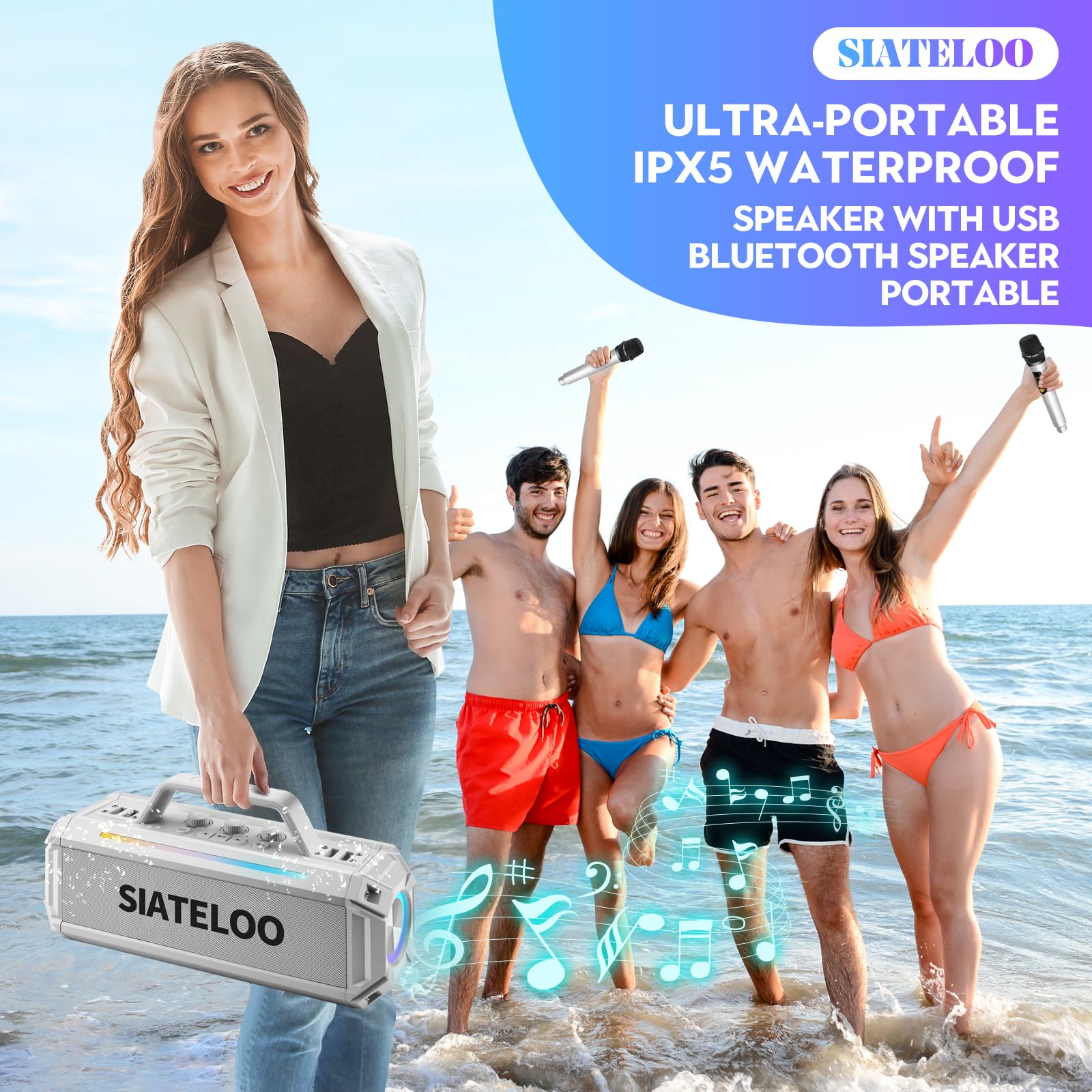 Portable Outdoor Bluetooth 5.3 Speaker - 80W Peak Stereo Sound with Deep Bass, Waterproof, Wireless Microphones, Aux Input - Perfect for Beach, Camping, Pool Parties & Karaoke (White)