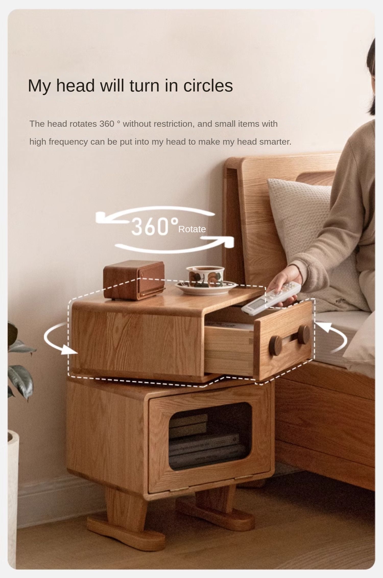 360° Rotating Oak Solid Wood Nightstand - Modern Bedside Table for Bedroom, Living Room & Office