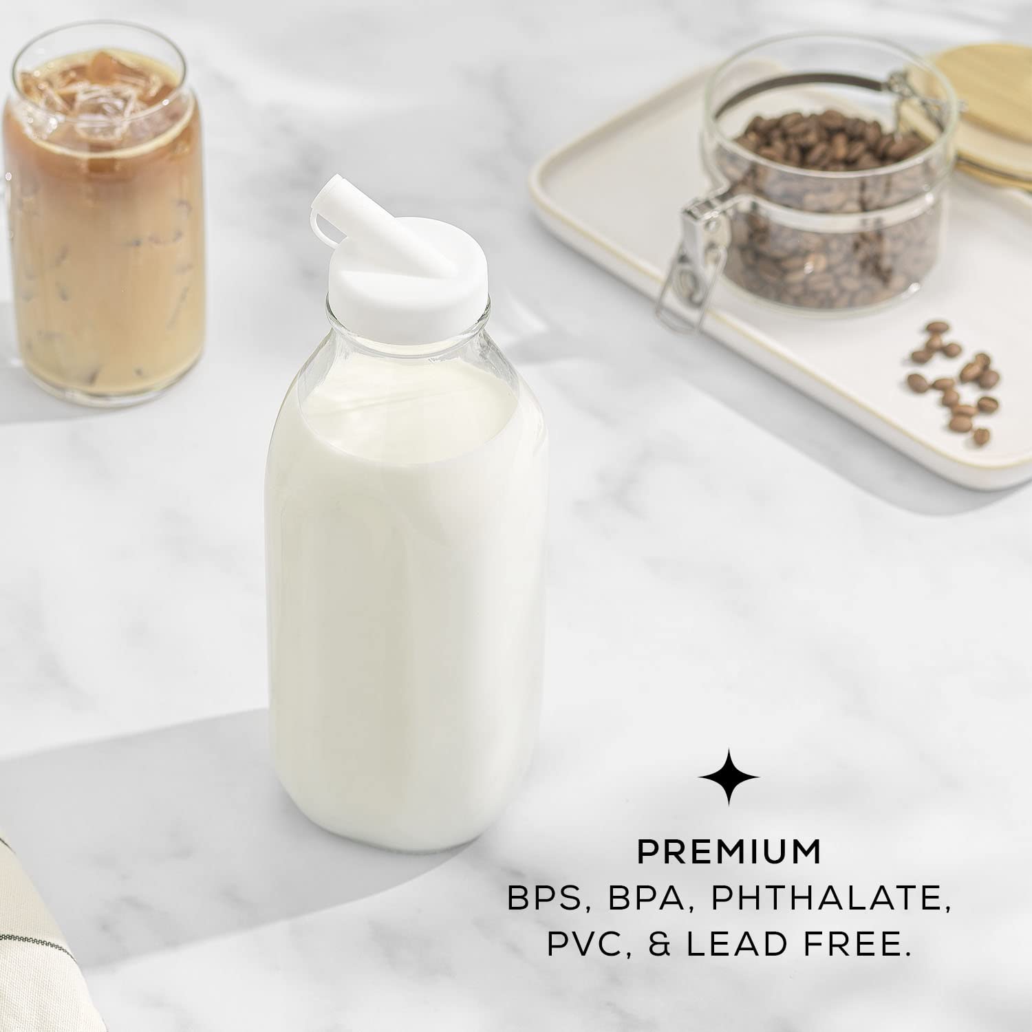 JoyJolt 32 Oz Glass Milk Bottles with Lids & Pourer - 3 Pack Airtight, Leakproof, BPA-Free Food Grade Pitcher | Reusable Heavy Duty Glass Jugs for Milk, Juice, Water | Dishwasher Safe for Kitchen, Restaurant, Camping & Meal Prep