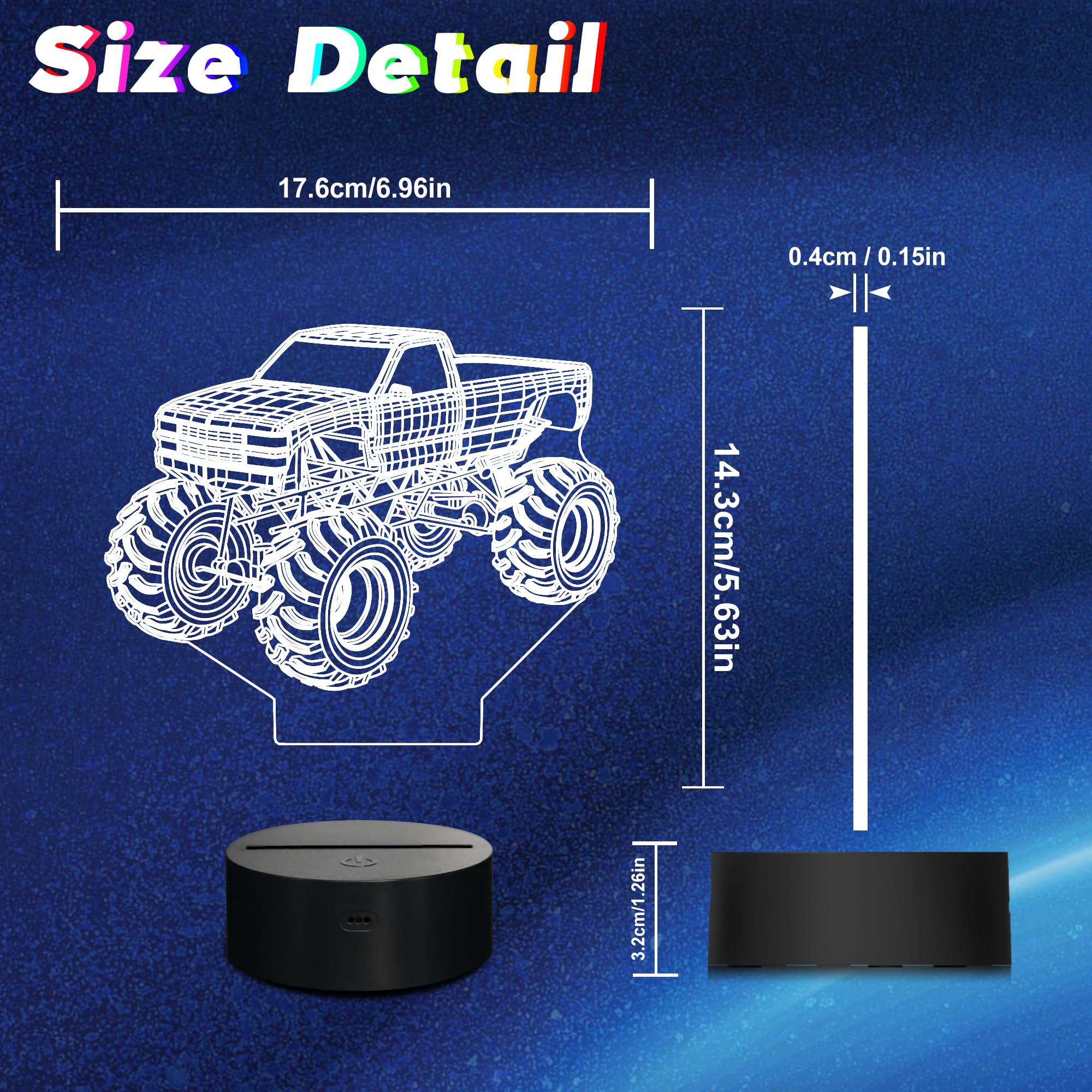 3D LED Monster Trucks Night Light with Remote Control & Timer - Cool Optical Illusion Lamp for Boys, Kids & Teens | Perfect Christmas & Birthday Gift | Bedroom Decor, Kids Room Lighting, Nighttime Comfort
