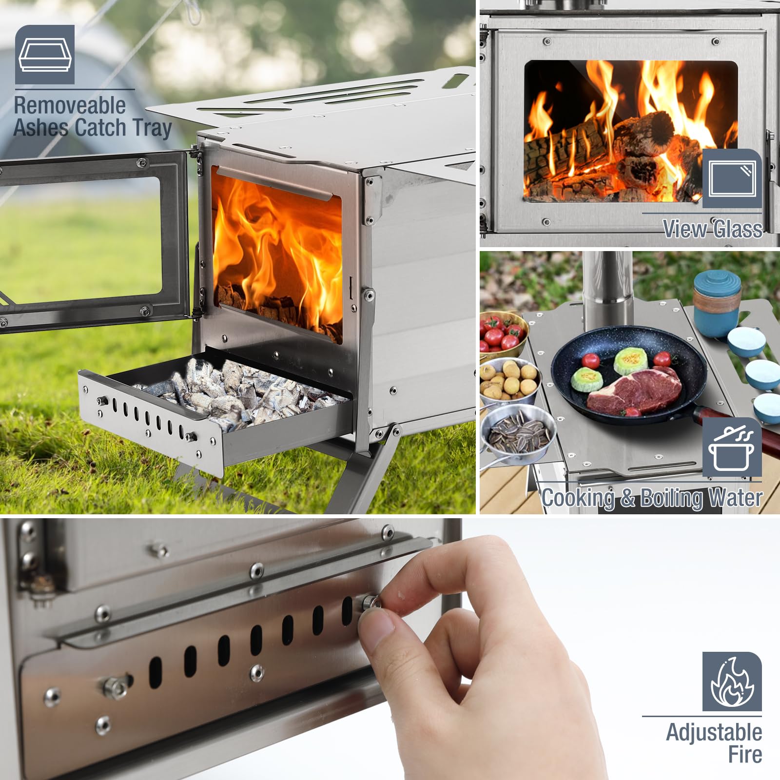 Portable Outdoor Wood Burning Stove with Chimney Pipe - Camping Stove for Cooking, Backpacking & Tent Use - Includes Viewing Glass for Flame Monitoring