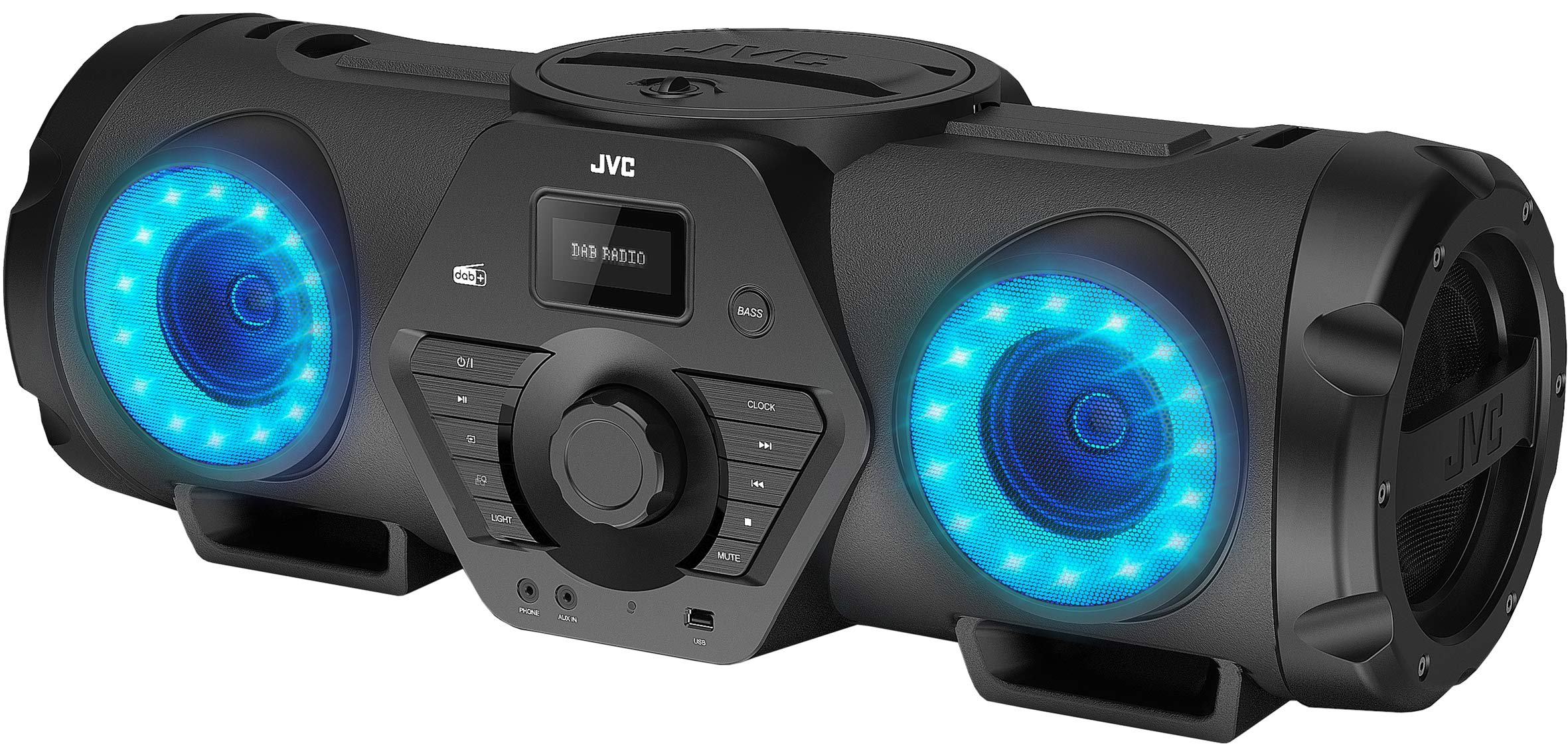 JVC RV-NB300DAB Portable Boombox with DAB/FM Radio, Bluetooth 5.0, USB/CD Player, Microphone & Guitar Inputs - 100W Powerful Sound with Subwoofer (Black) - Perfect for Outdoor Parties, Home Entertainment & Karaoke Nights