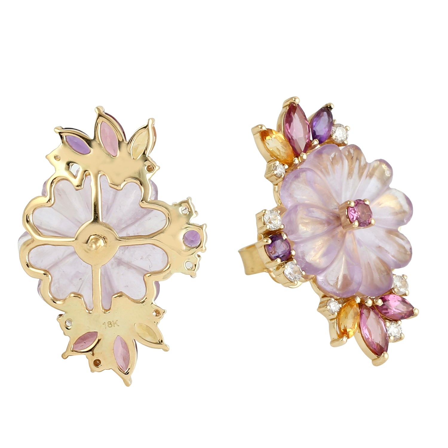 Hand Carved Amethyst & Multi-Gemstone Daisy Stud Earrings in 18K Yellow Gold - Perfect for Weddings, Gifts & Everyday Elegance