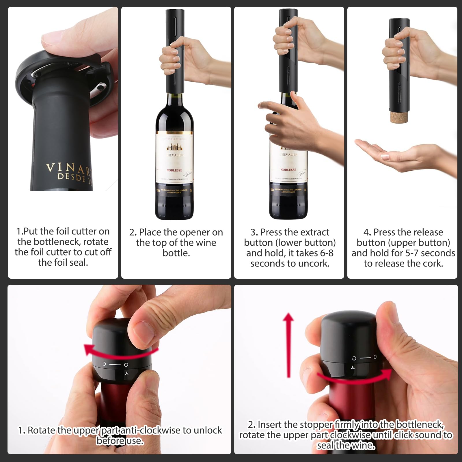 Premium Electric Wine Opener Set with Foil Cutter & 2 Wine Stoppers - Battery Powered Corkscrew for Wine Lovers - Perfect Gift for Parties, Weddings & Holidays (Black) - Effortless Wine Opening for Home Entertaining & Gifting