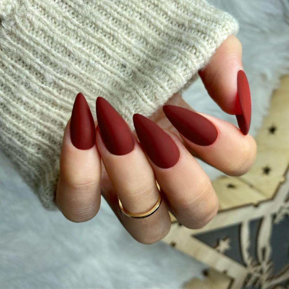 48Pcs Matte Red Press on Nails - Medium Almond Shaped Reusable Fake Nails for Women | Acrylic Glue on Nails with Neutral Design | Perfect for Parties, Weddings & Daily Wear