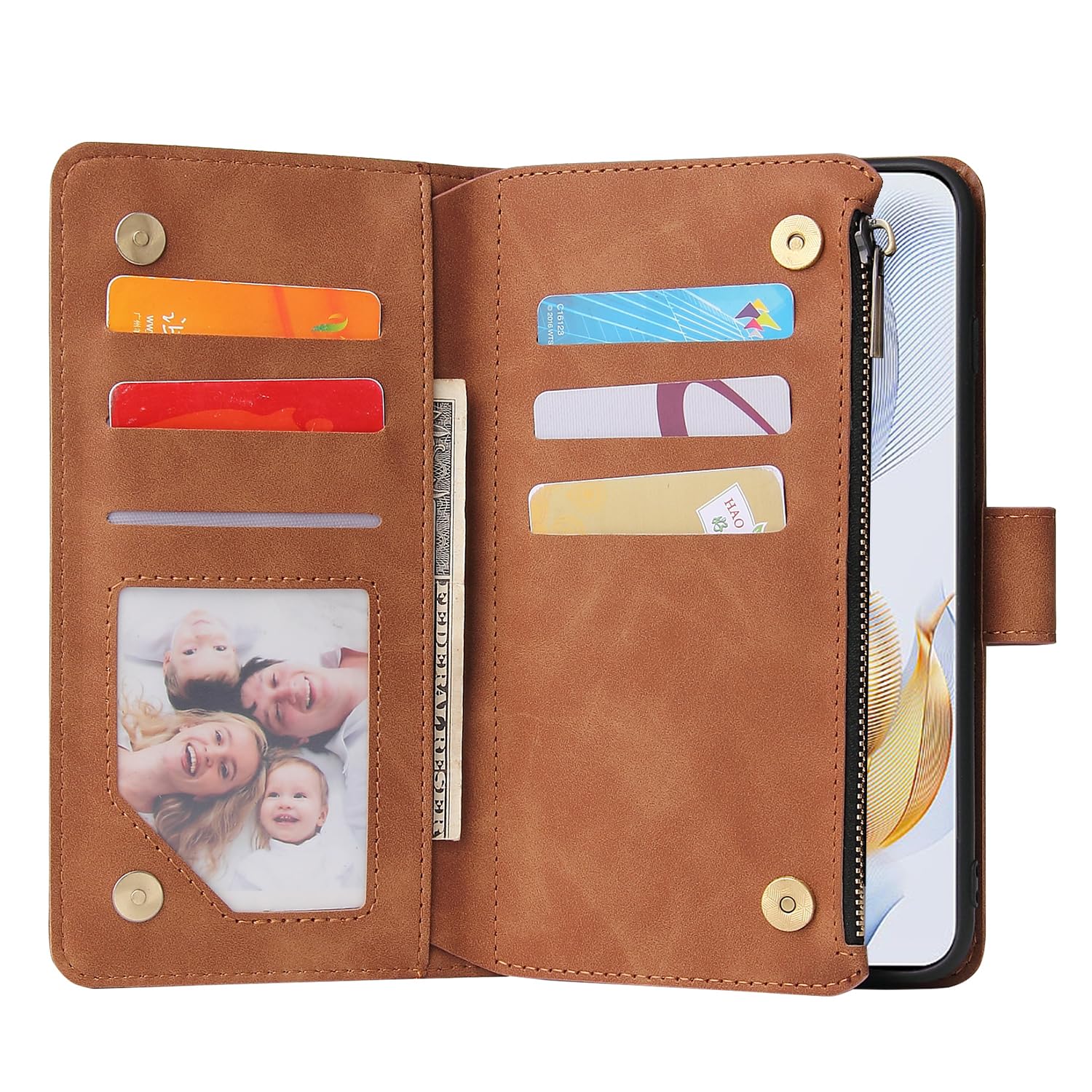 ASUWISH Huawei Honor 90 Wallet Case with Tempered Glass Screen Protector - Leather Flip Cover with Card Holder & Stand | Protective Phone Case for Men & Women (Brown) | Perfect for Daily Use, Travel & Business Meetings