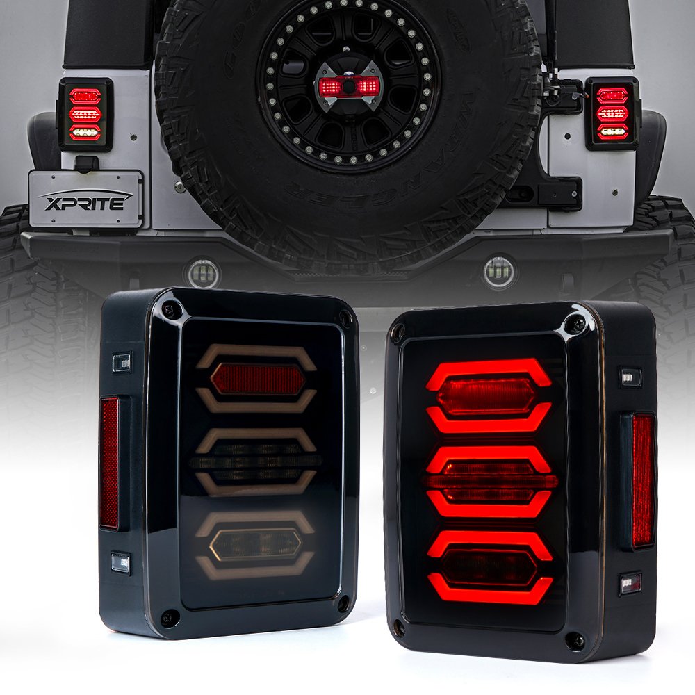 Xprite G3 Diamond Series LED Tail Lights - Smoked Lens Red Rear Brake Light with Turn Signal & Backup Light for 2007-2018 Jeep Wrangler JK JKU | Off-Road & Night Driving Safety Enhancement