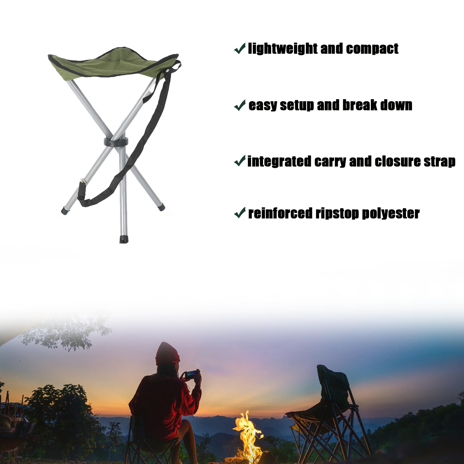 Portable Folding Camping Stool - 16.5 Inch Lightweight Tripod Seat for Outdoor Activities | Perfect for Camping, Hiking, Fishing, Hunting, Beach, Picnic, BBQ & Garden Use (Green)