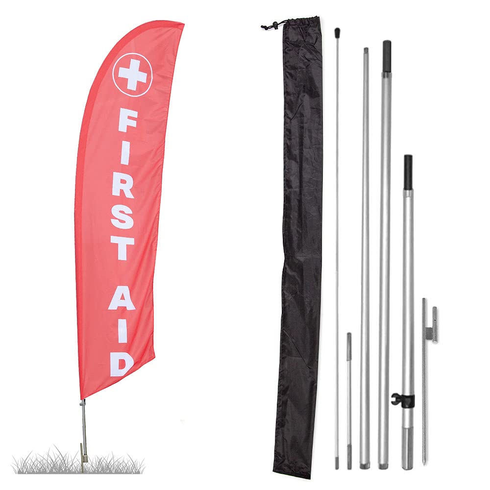 Vispronet Premium First Aid Feather Flag Kit - 13ft Aviation Grade Fiberglass Poles, First Aid Flag, Ground Stake & Carry Bag | Emergency Preparedness, Medical Awareness Events & Workplace Safety Displays