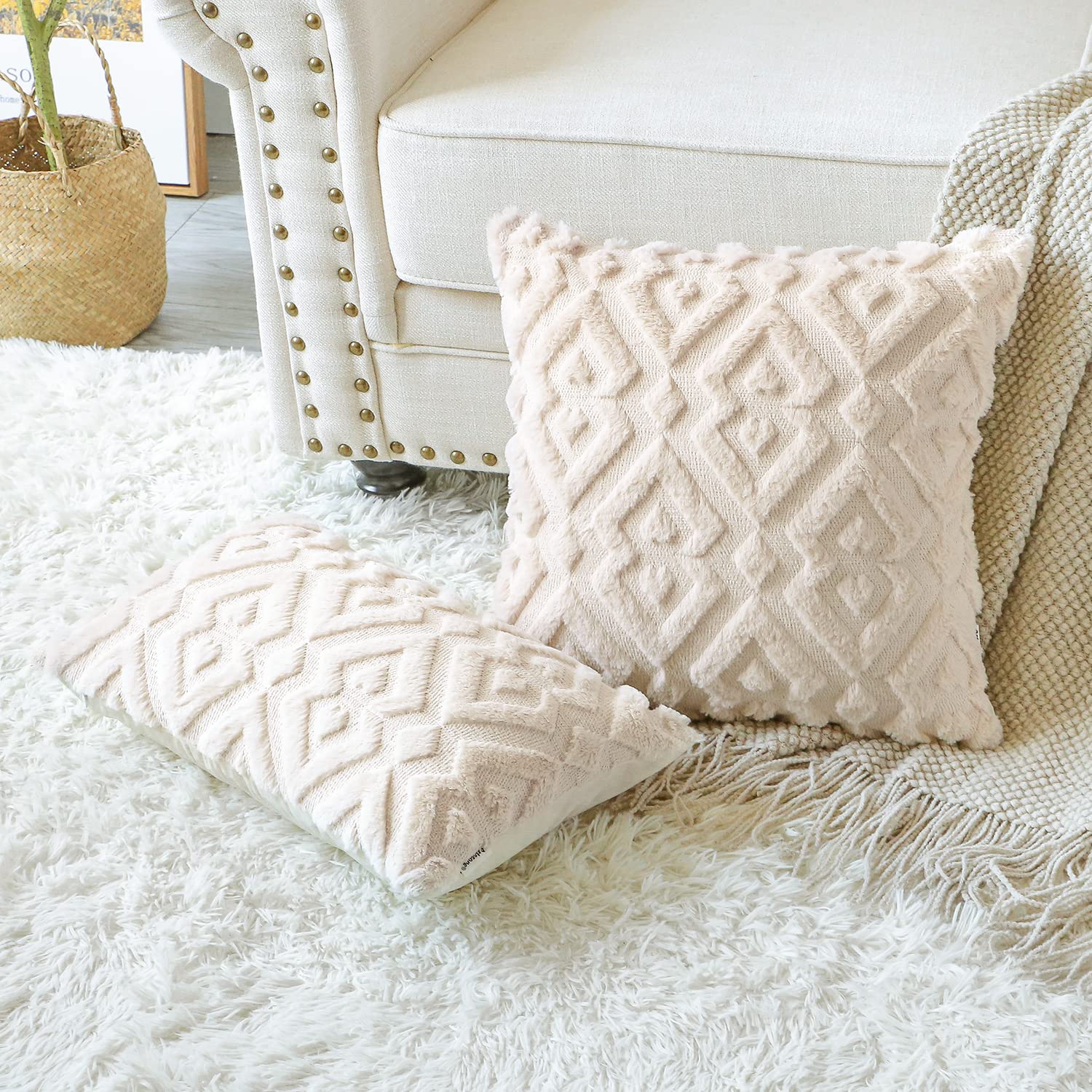 Luxury Soft Plush Short Wool Velvet Decorative Throw Pillow Covers - Pack of 2, Diamond Shape Cream Beige (12x20 Inch) - European Style Cushion Covers for Sofa, Bedroom, Living Room Decor