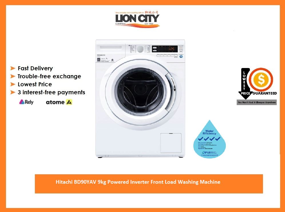 Hitachi BD90YAV 9kg Inverter Front Load Washing Machine - Energy Efficient, Quiet Operation for Apartments & Small Homes - Perfect for Laundry Rooms & Compact Spaces