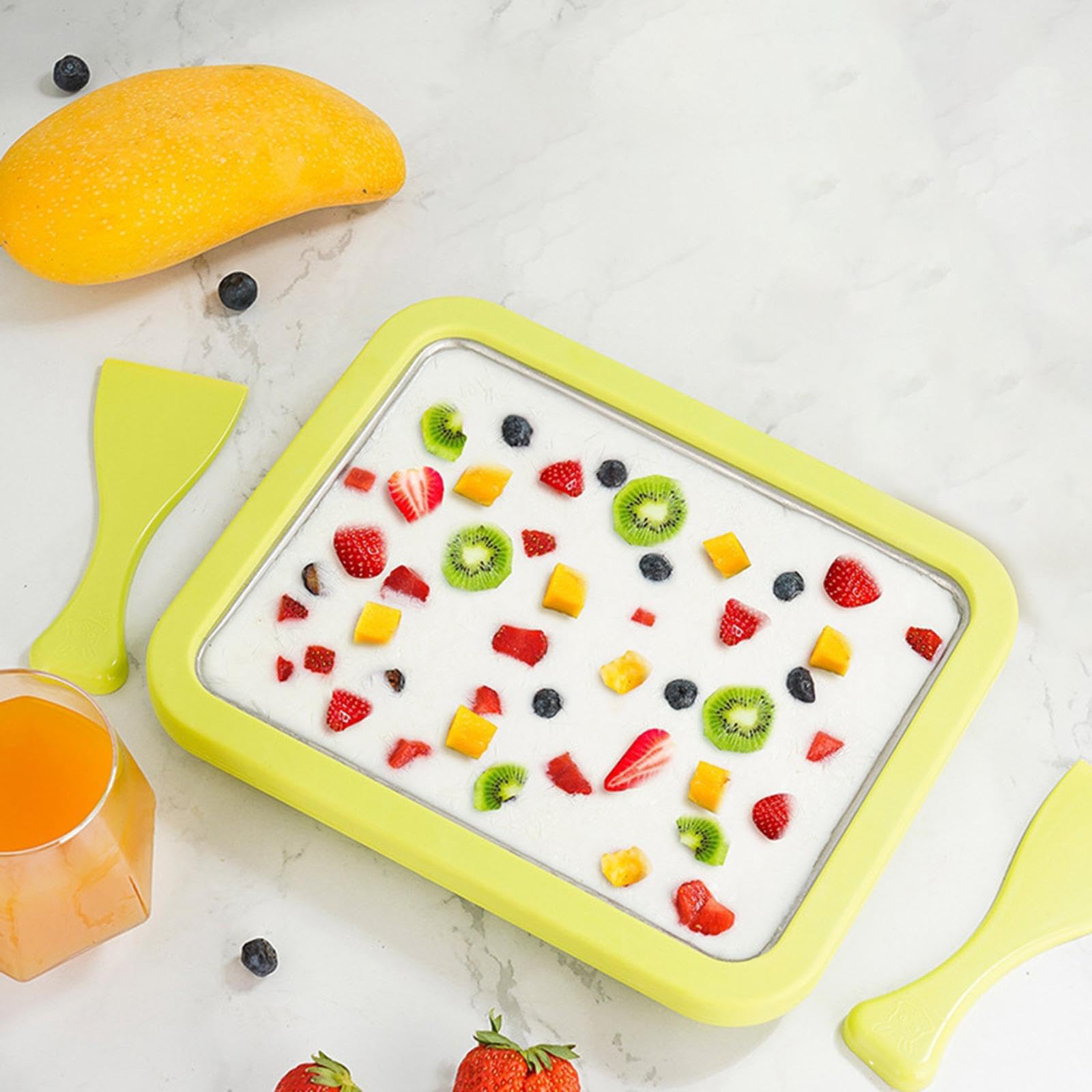 DIY Ice Cream Maker Roller Pan with 2 Scrapers - Fun Parent-Child Activity Kit for Homemade Frozen Treats | Durable Freezer Pan for Yogurt & Desserts | Yellow Kitchenware for Family Bonding & Summer Fun
