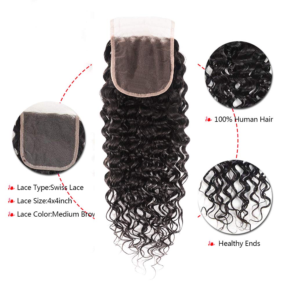 Brazilian Water Wave 3 Bundles with 4x4 Lace Closure - 100% Unprocessed Virgin Human Hair Weave Extensions (22