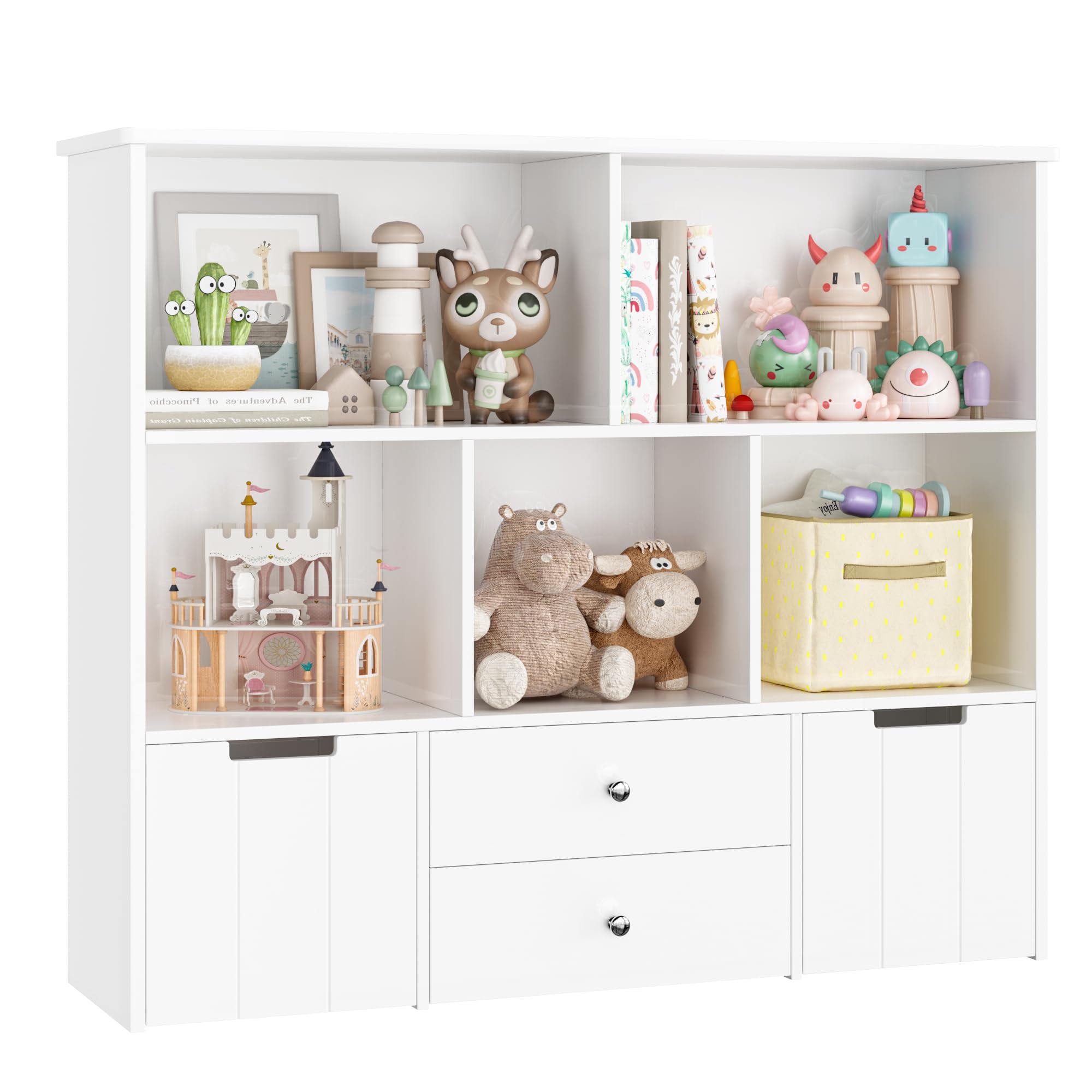 FOTOSOK 4-Drawer Toy Storage Organizer with Wheels & 5 Cubbies - Multifunctional Kids Playroom Furniture for Toys, Books & Crafts - White (Perfect for Nursery, Daycare & Home Organization)