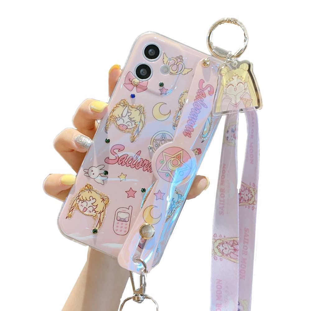 Sailor Moon Anime iPhone 12 Pro Max Case - Cute Cartoon Glitter Soft Back Cover with Wrist Strap & Lanyard Holder - Perfect for Girls, Teens & Anime Fans - Ideal for School, Work & Daily Use