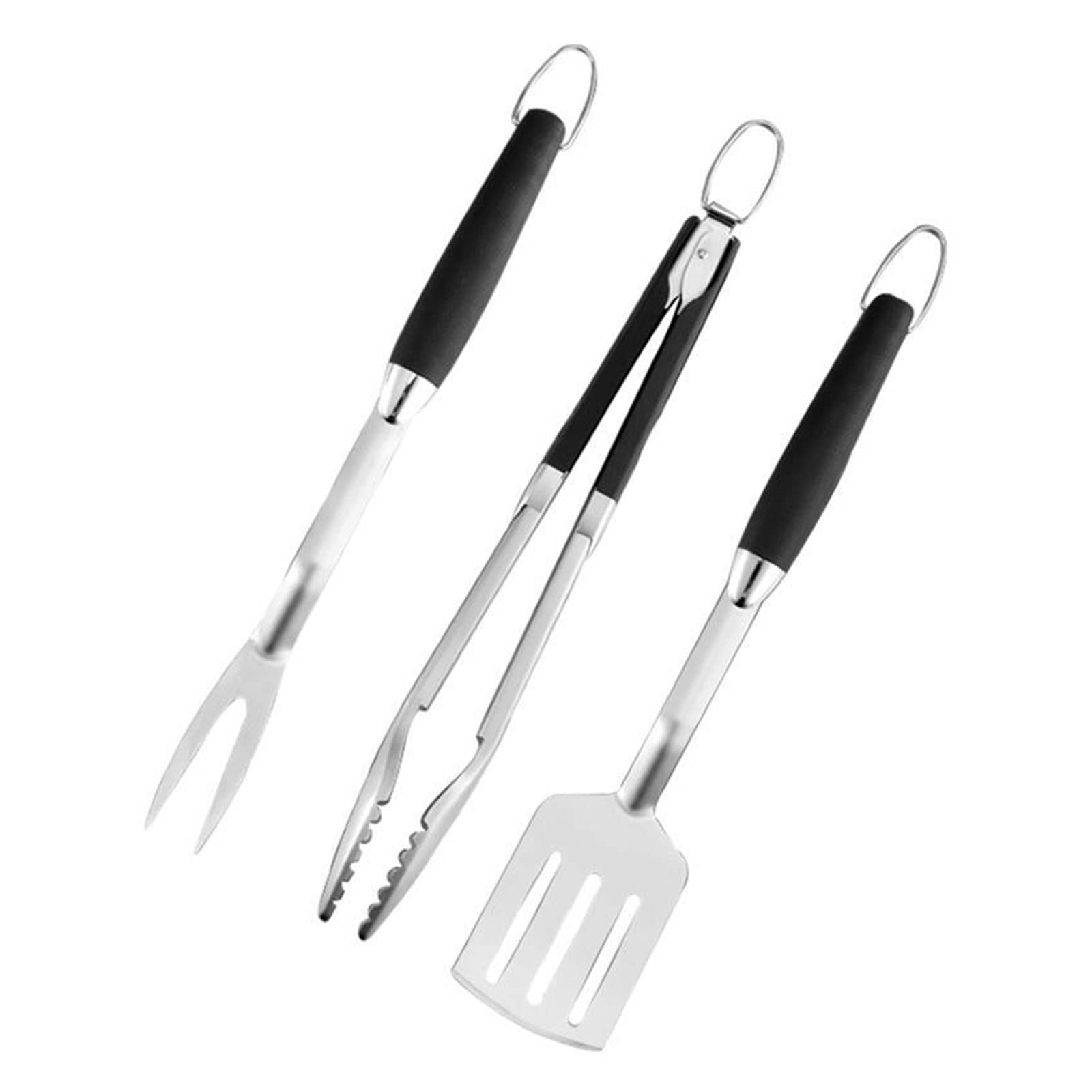 **WOKEZ 3-Piece Stainless Steel BBQ Grill Set - Heavy Duty Grill Fork, Tongs & Spatula for Outdoor Cooking, Camping & Backyard Barbecue - Silver Black**