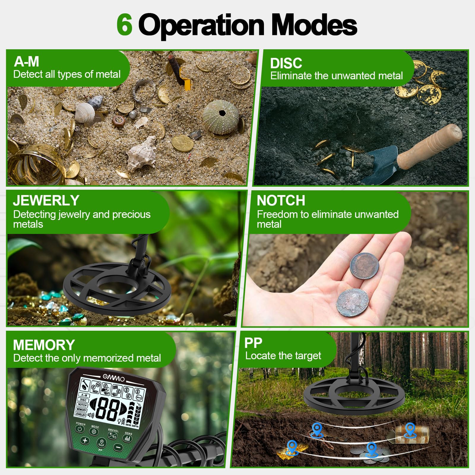 OMMO Professional Metal Detector for Adults - Adjustable Stem, 6 Detection Modes, High Accuracy Gold Detector with IP68 Waterproof Coil | Perfect for Beach Treasure Hunting, Coin Shooting & Outdoor Adventures