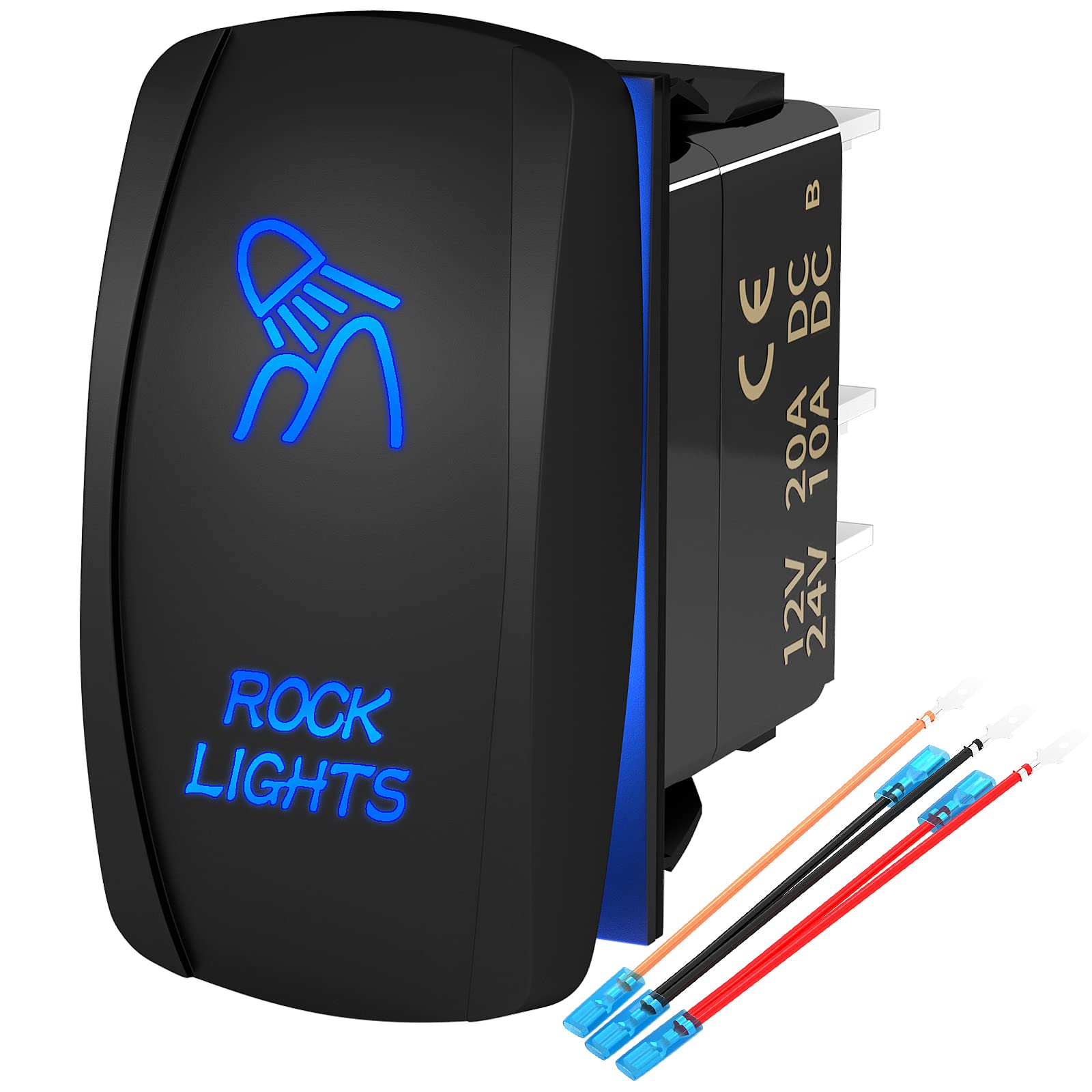 12V LED Light Bar Rocker Switch SPST ON/OFF 5 Pin for Polaris RZR, UTV, Marine, Truck, Jeep, ATV, Boat - Waterproof Rock Light Switch with Jumper Wires - Perfect for Off-Roading, Night Driving & Marine Applications