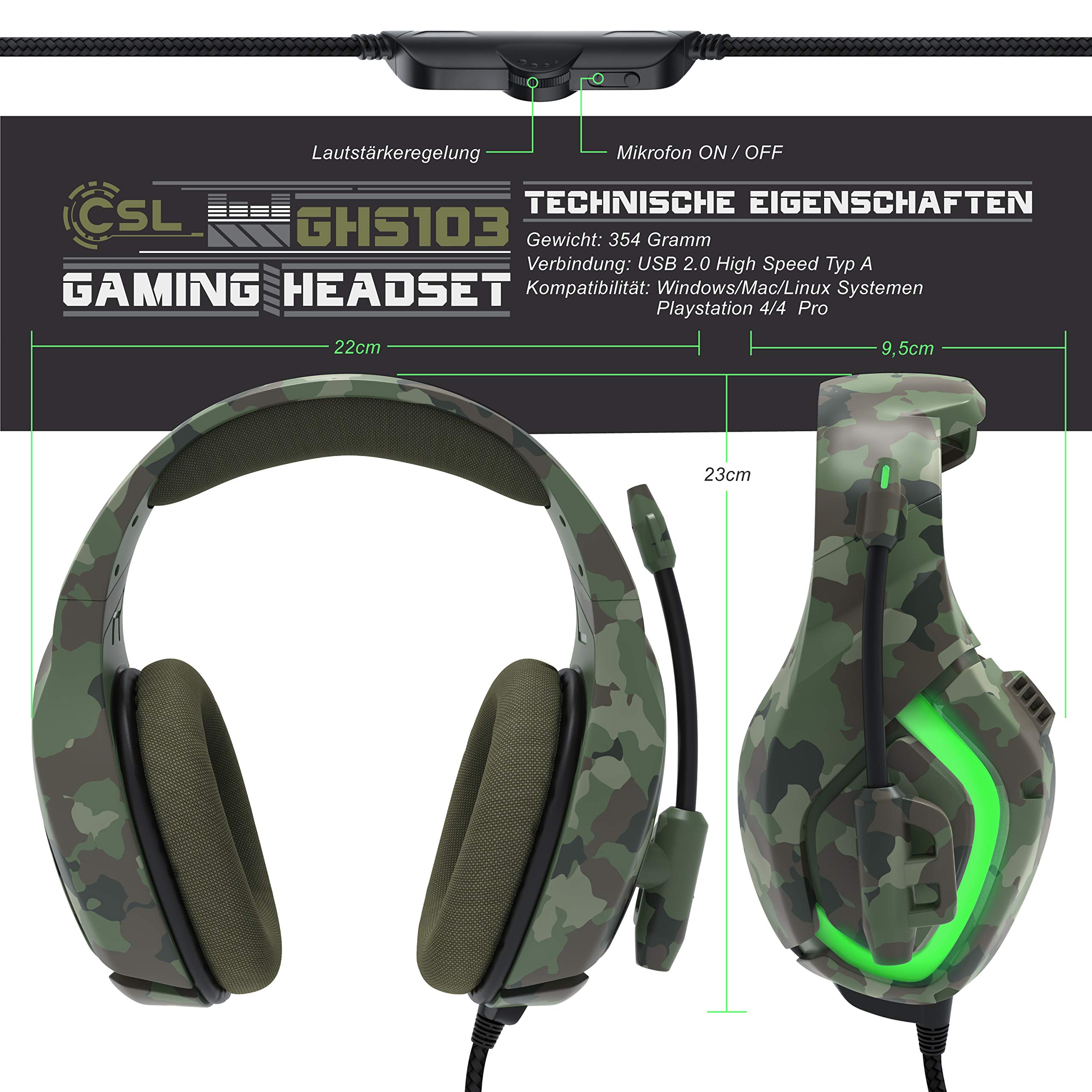 CSL Wired Gaming Headset with Microphone - Over-Ear Noise Cancelling Headphones, USB Plug & Play for PC, Laptop, PS5, Xbox - Perfect for FPS Games & Online Chat (Camouflage Design)